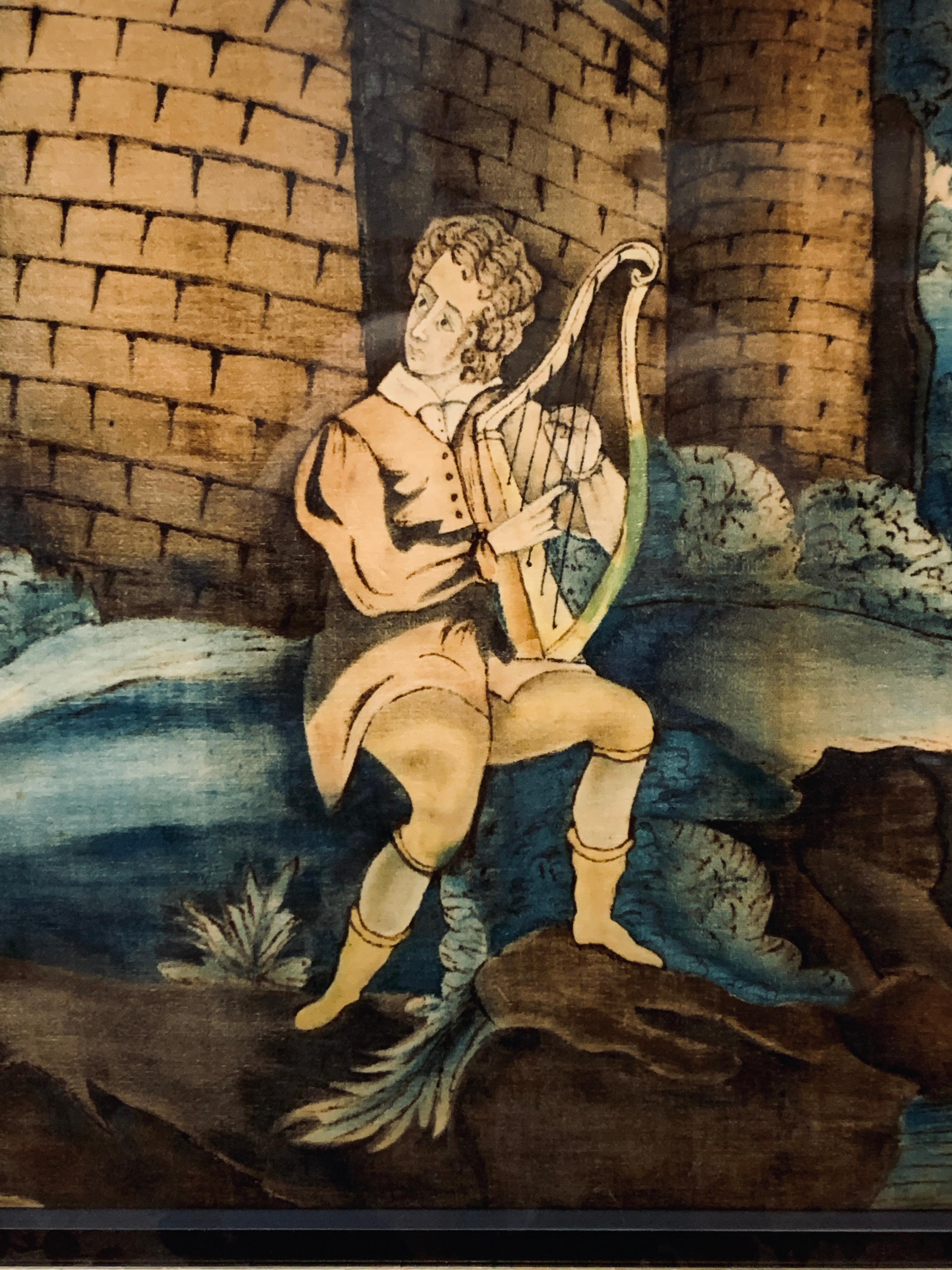 Peinture Theorum de l'école américaine représentant le roi David jouant de la harpe, milieu du 19e siècle - Artisanat Painting par Unknown
