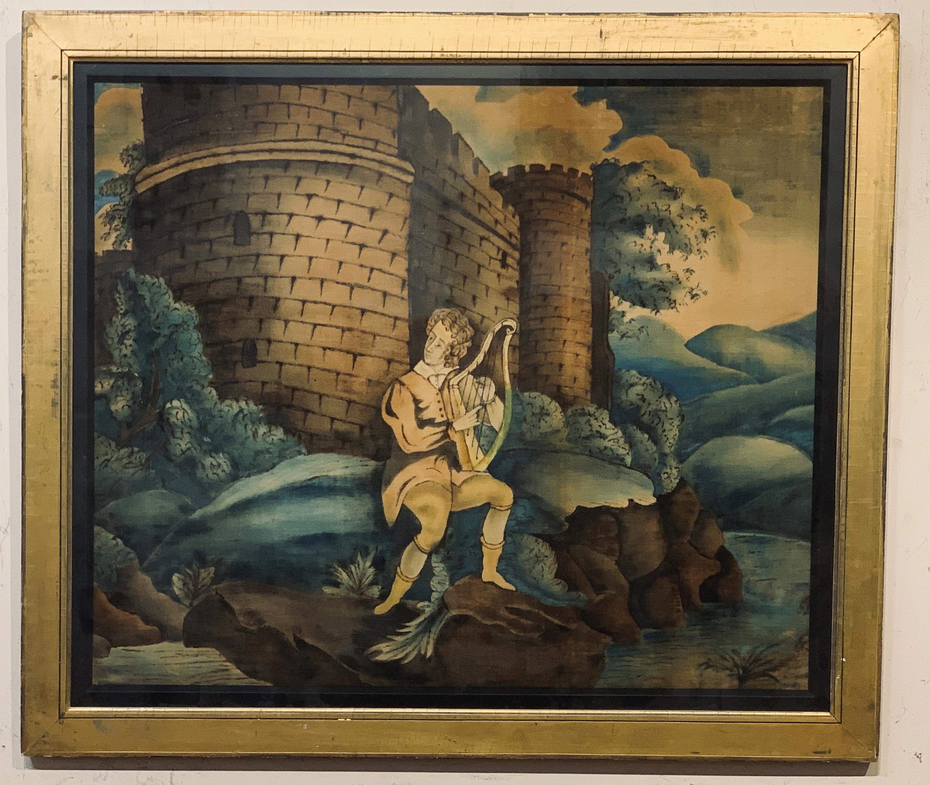 Figurative Painting Unknown - Peinture Theorum de l'école américaine représentant le roi David jouant de la harpe, milieu du 19e siècle