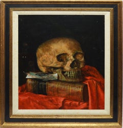 Antique American School Trompe L'Oeil Skull Still Life Gray's Anatomy Oil Painting