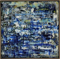 American School Untitled Abstract Painting in Blues, Gold, Yellow and White