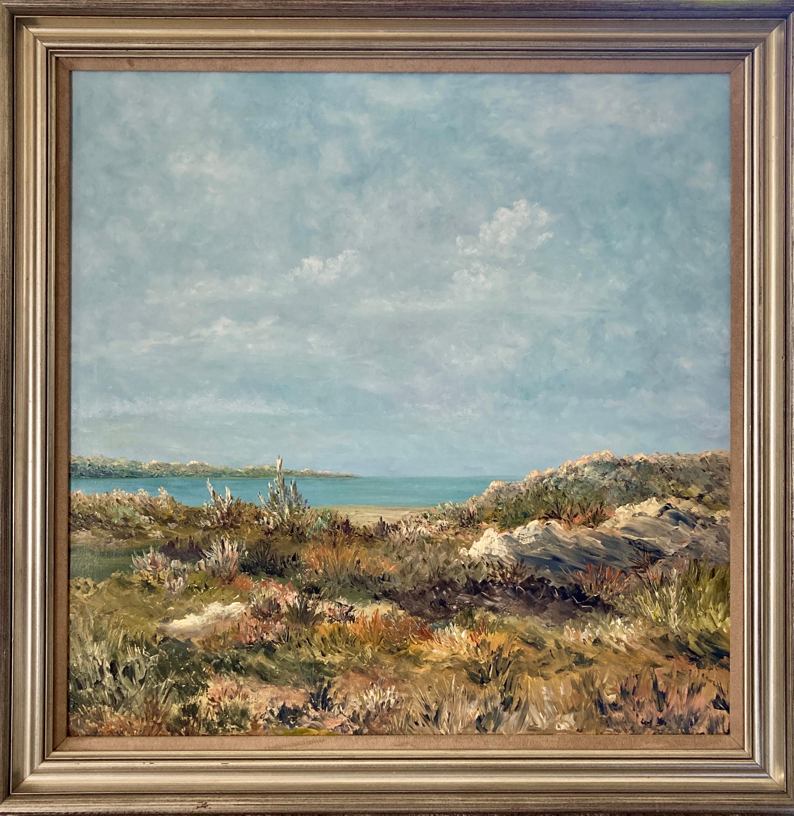 American School (20th century)
View from the Shore, Late Summer
Oil on canvas
Signed indistinctly lower right: A. He[...]ter
28 x 28 inches (71.1 x 71.1 cm)
In a silver frame with light brown liner: overall 33.75 x 33.5" 

A wonderfully executed