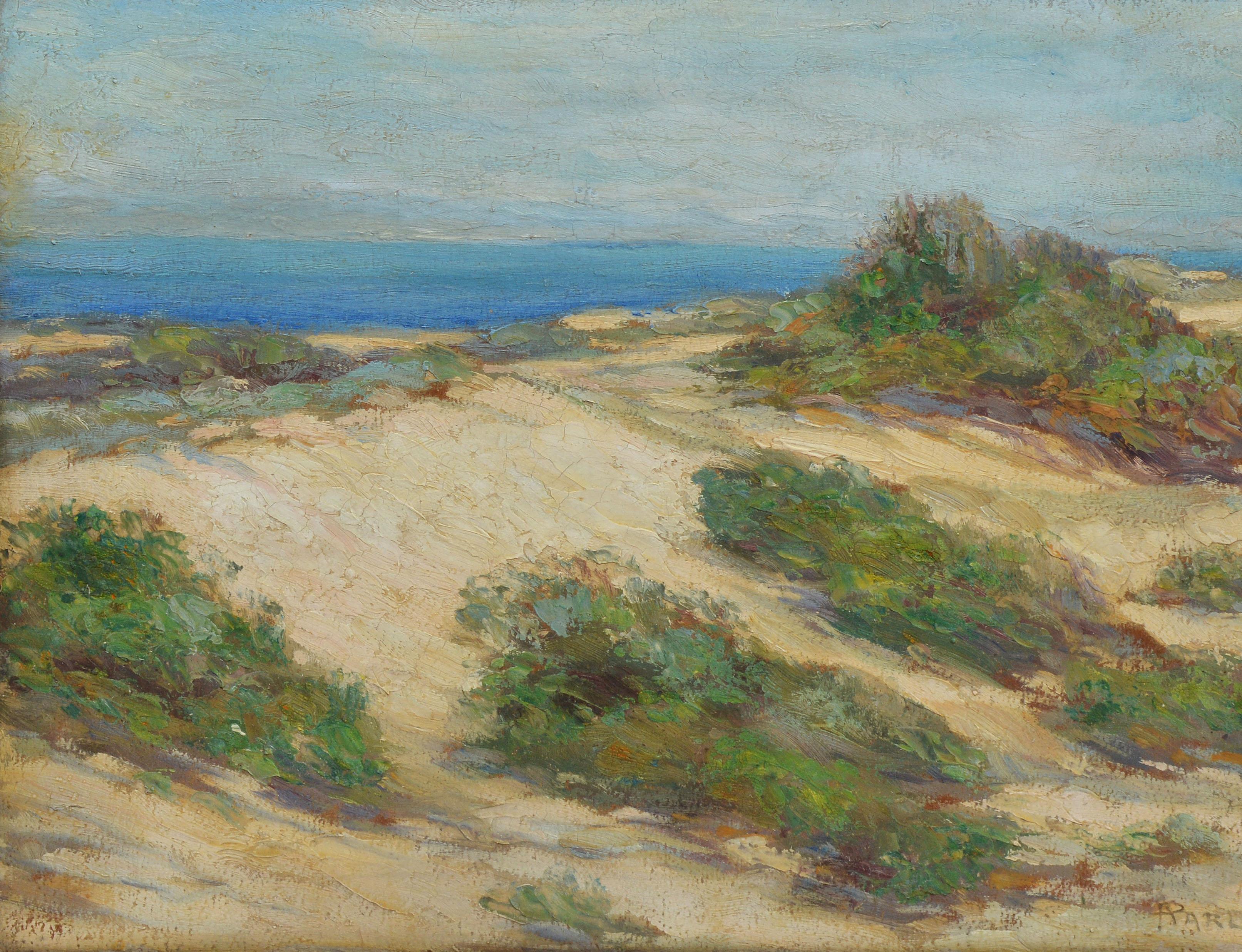 Impressionist view of beach dunes.  Oil on board, circa 1935.  Signed lower right.  Displayed in a giltwood frame.  Image size, 16