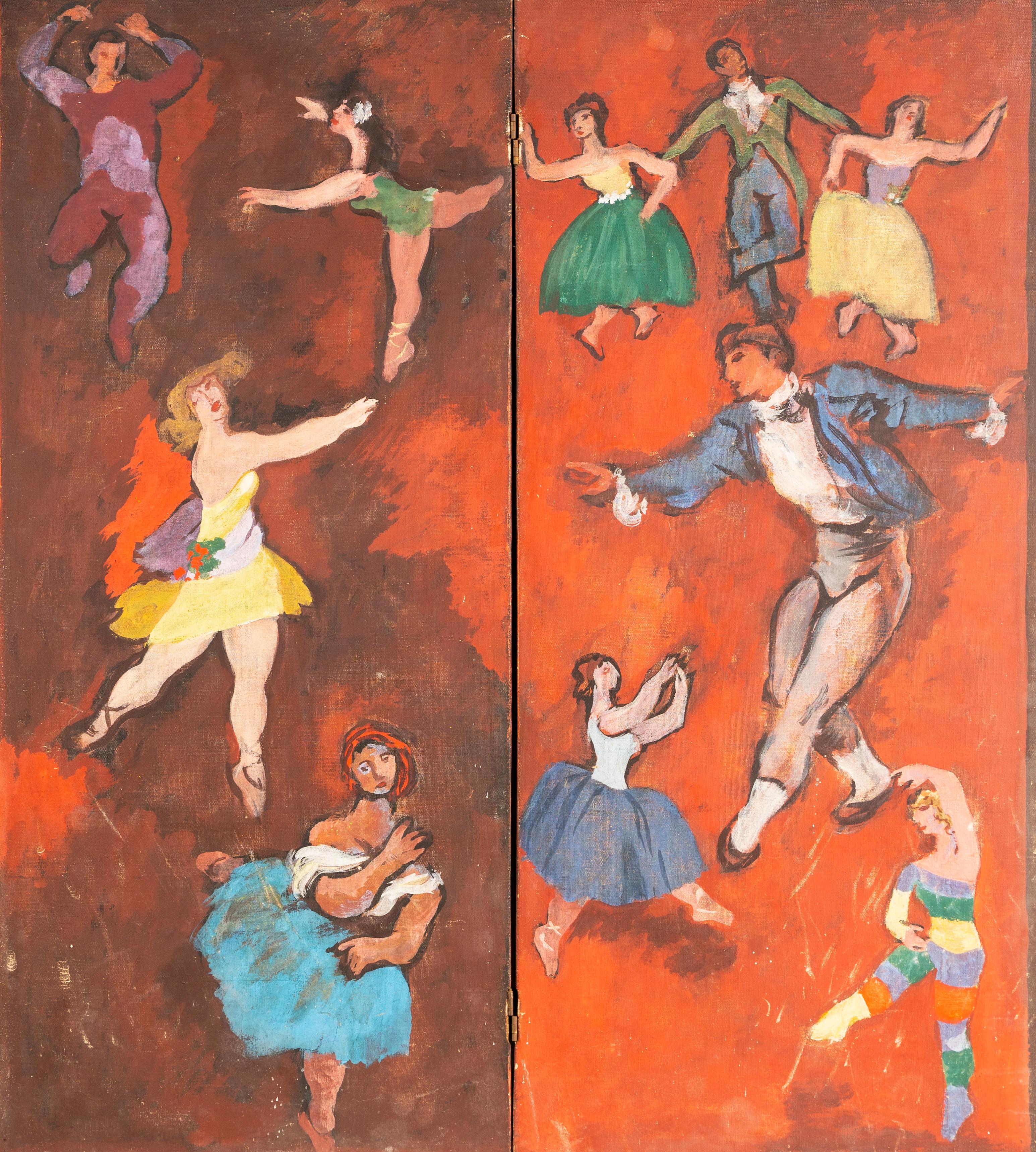 American School WPA Modernist Dancing Diptych Original Mural Modern Oil Painting - Orange Landscape Painting by Unknown