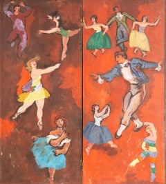 American School WPA Modernist Dancing Diptych Original Mural Modern Oil Painting