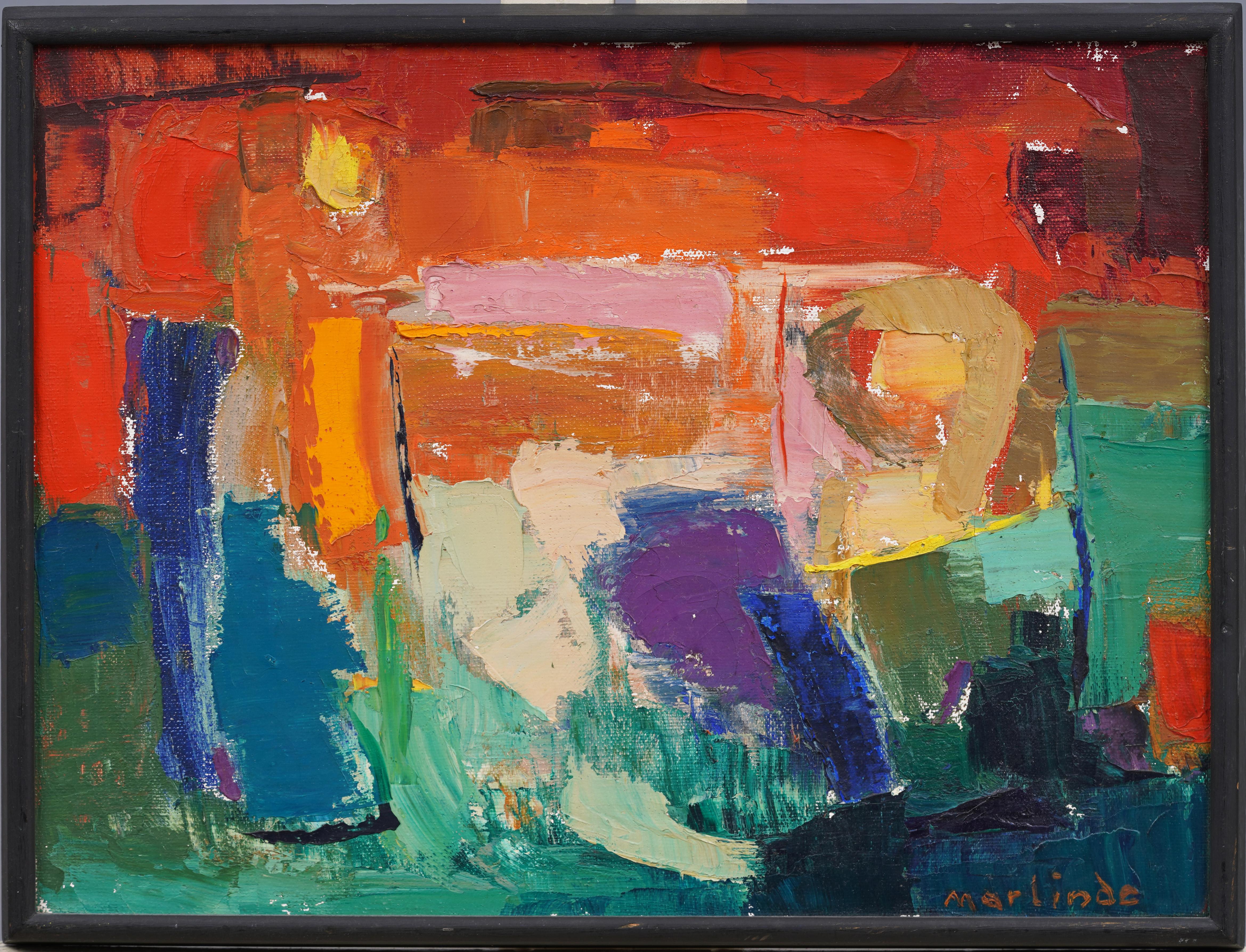 Nicely painted mid century abstract oil painting.  Great color and composition.  Framed.  Signed.