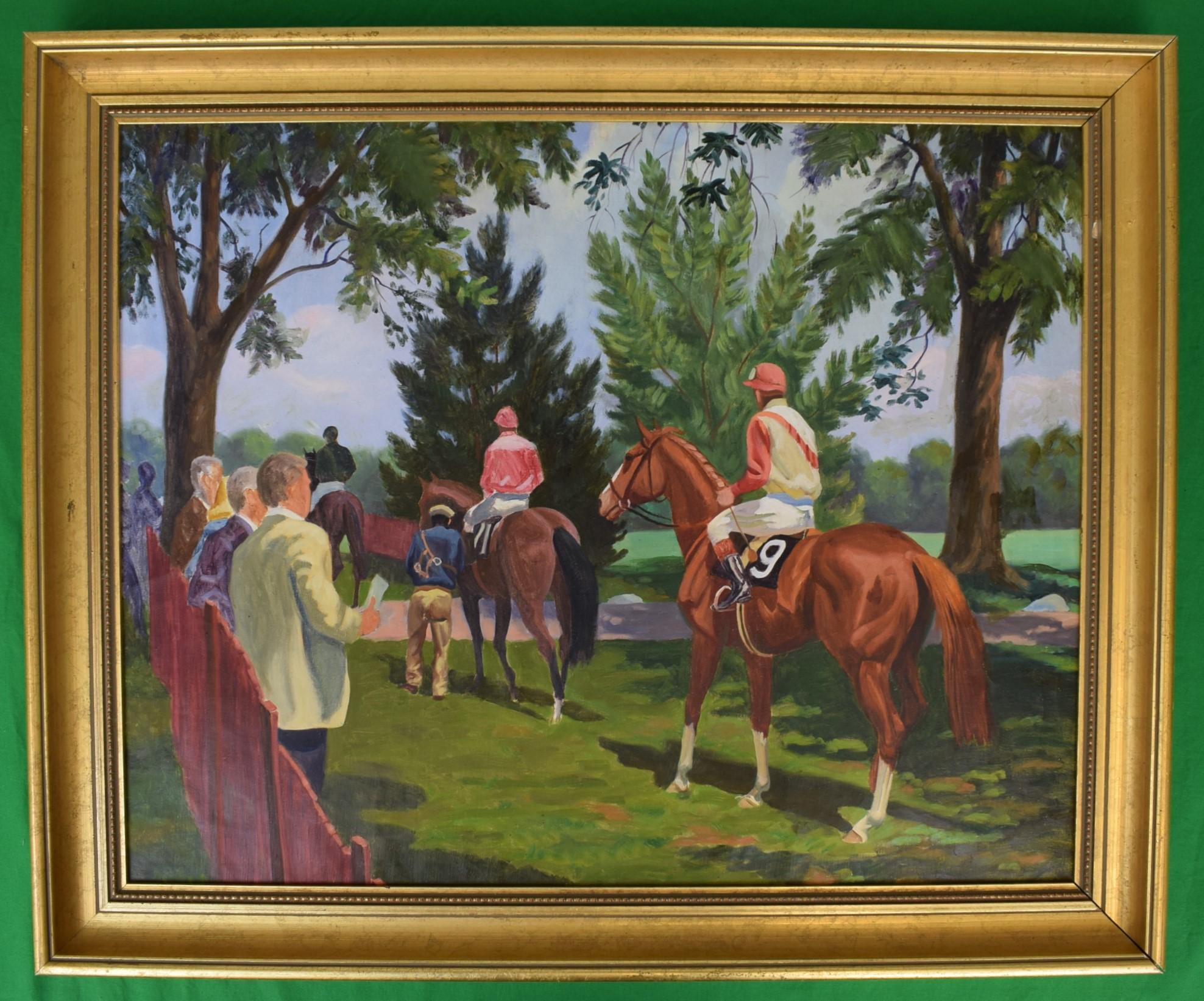 American Steeplechasing Scene Leaving The Paddock O/C - Painting by Unknown
