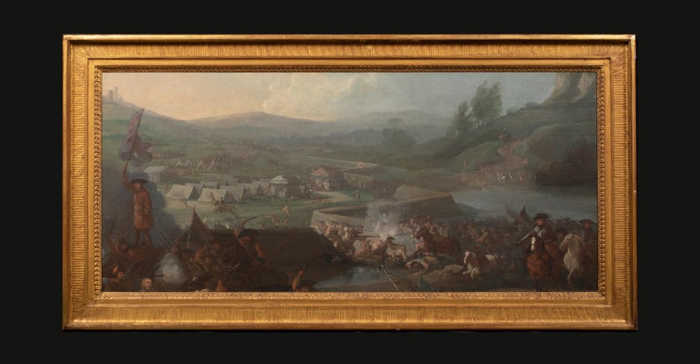 American War Of Independence, 19th Century

Large 19th Century panoramic scene from the American War Of Independence, oil on canvas. An extensive view of the battle at the fortified riverbank with camps beyond. The detail and topography have
