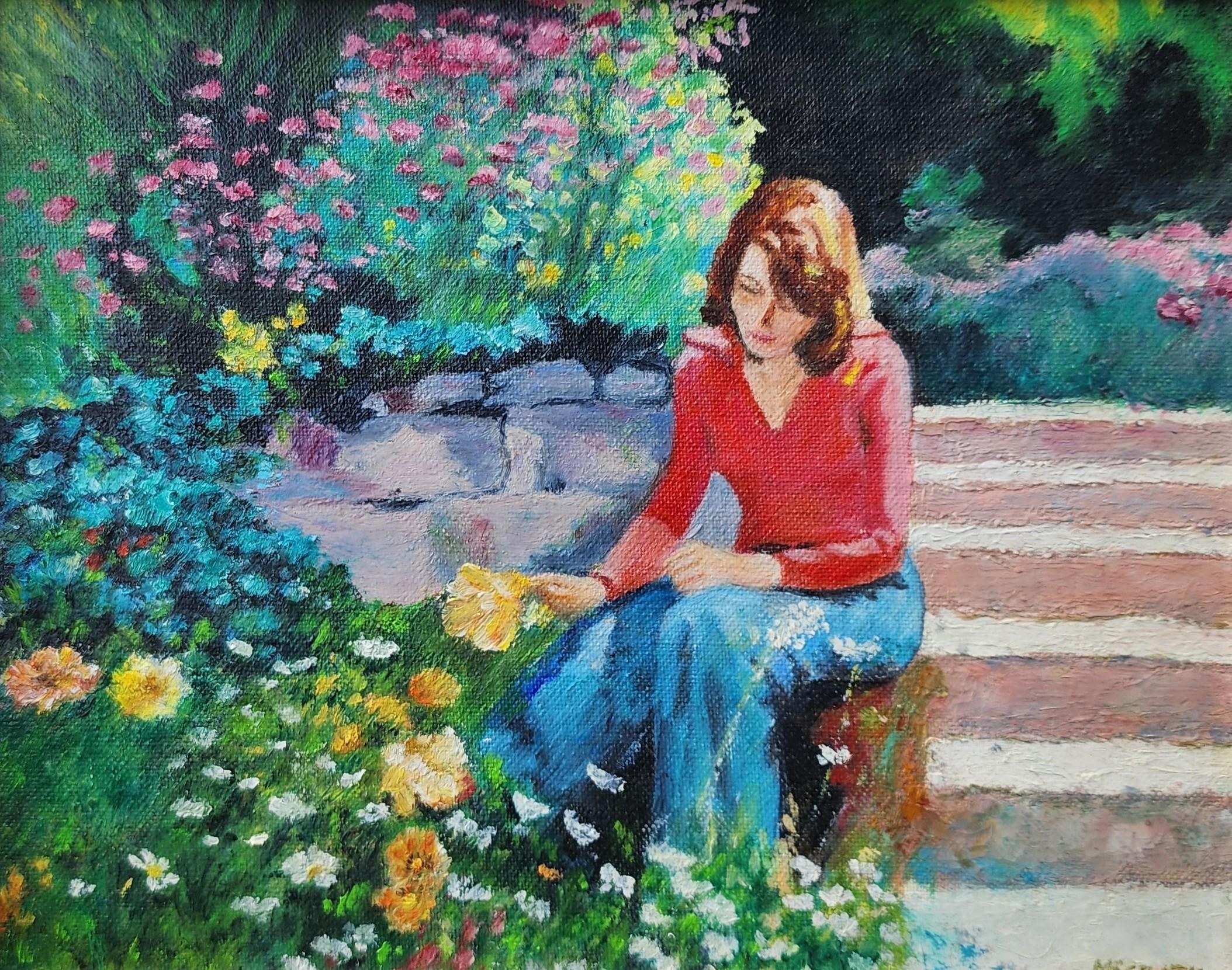 Among the Flowers, Vintage 1970s Portrait of a Girl in a Beautiful Garden - Painting by Unknown