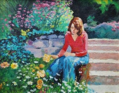 Tra i fiori, ritratto vintage anni '70 di una ragazza in un bel giardino