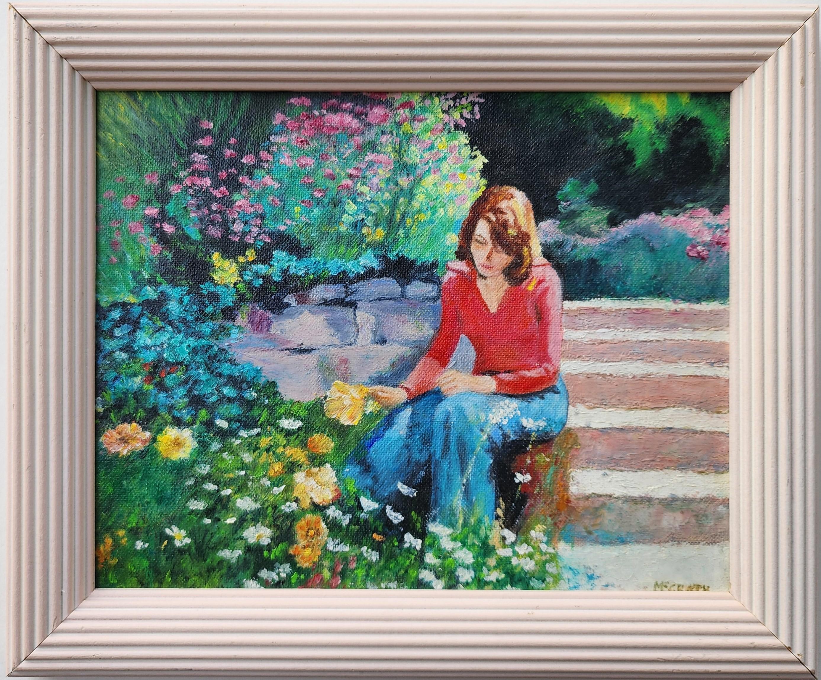 Unknown Portrait Painting - Among the Flowers, Vintage 1970s Portrait of a Girl in a Beautiful Garden