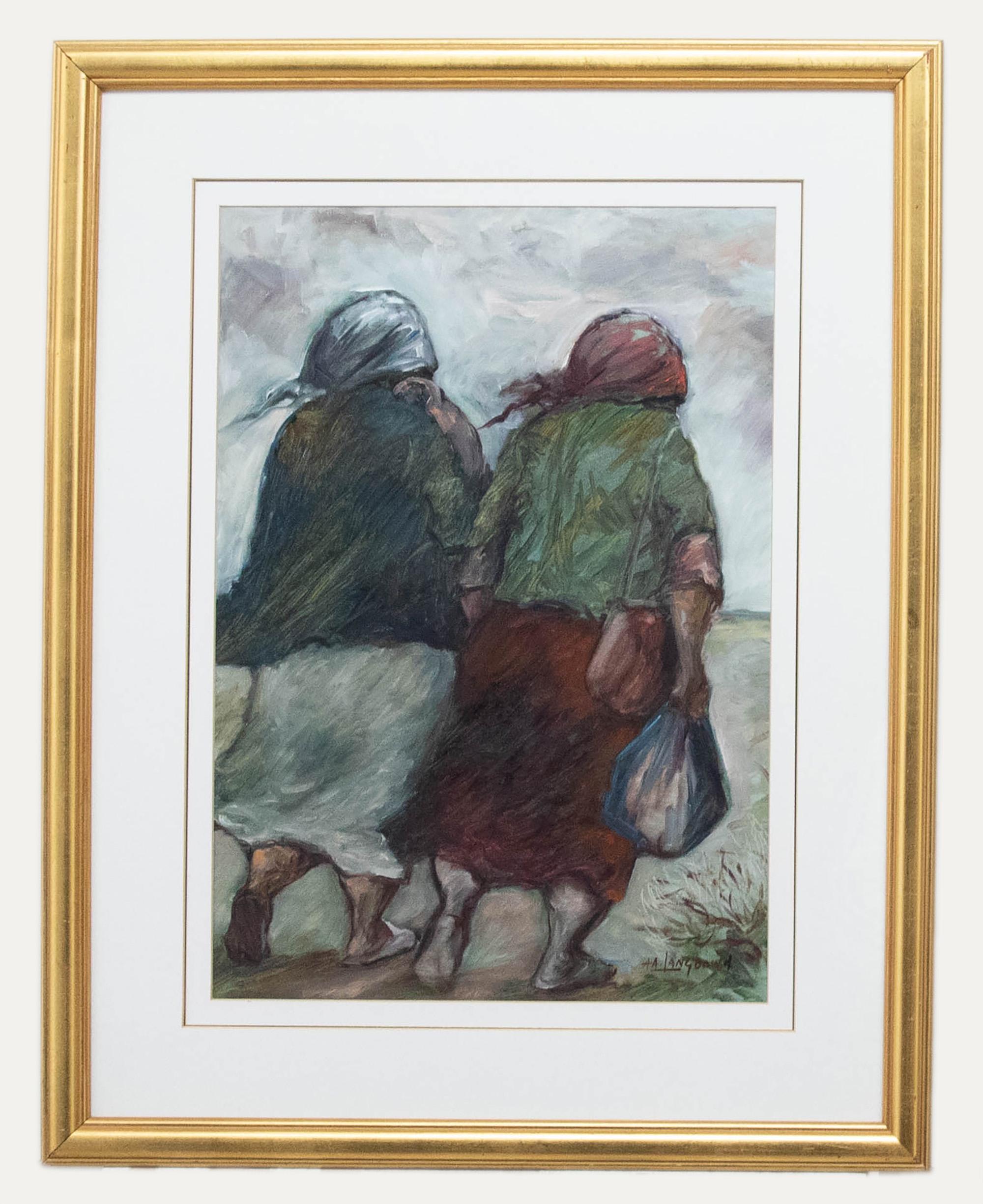 Unknown Portrait Painting - Amos A. Langdown (1930-2006) - South African Oil, Two Ladies with Shopping