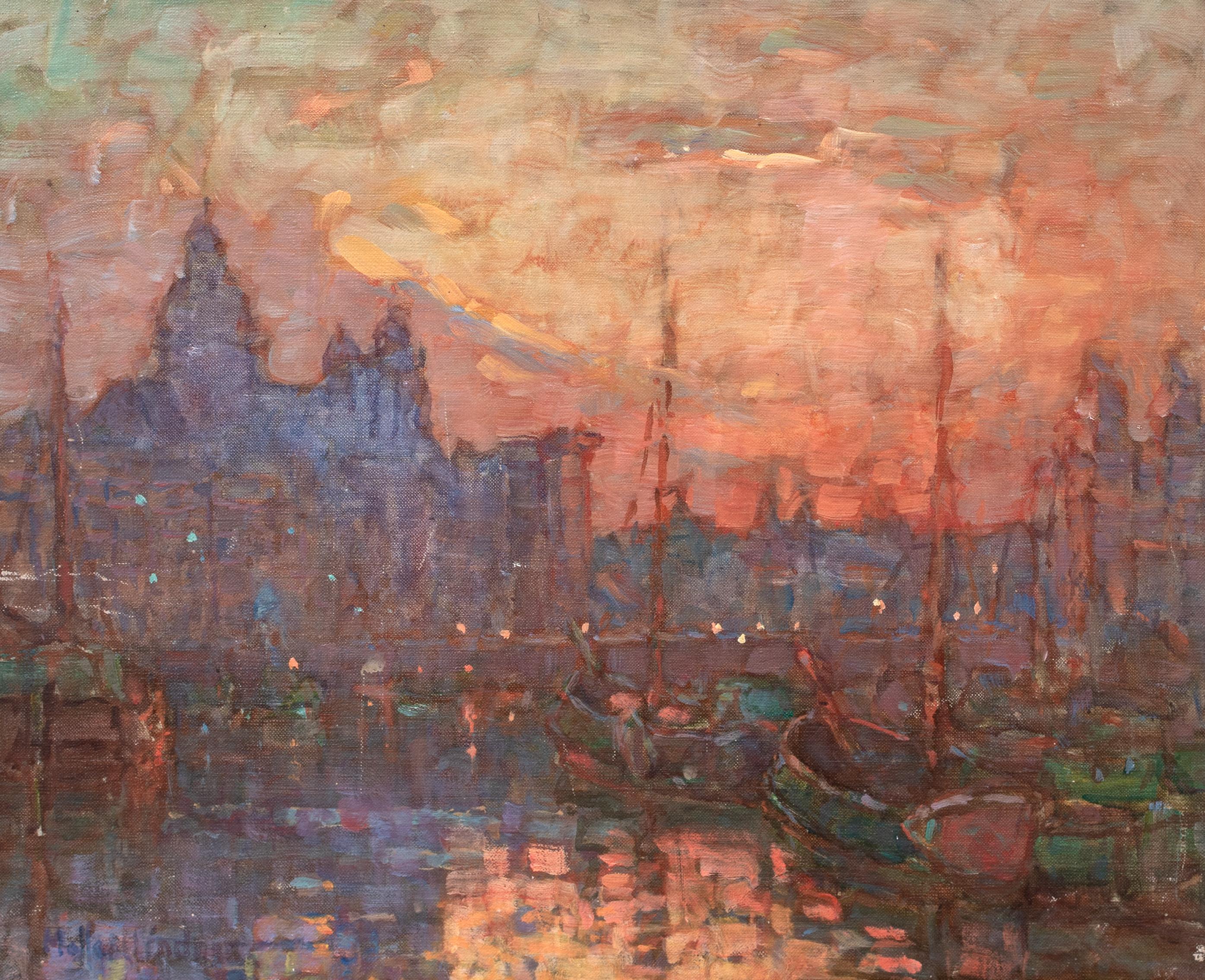 Tramonto ad Amsterdam, XIX secolo  di Moffatt Lindner (1852-1947) Impressionista - Landscape Painting Marrone di Unknown
