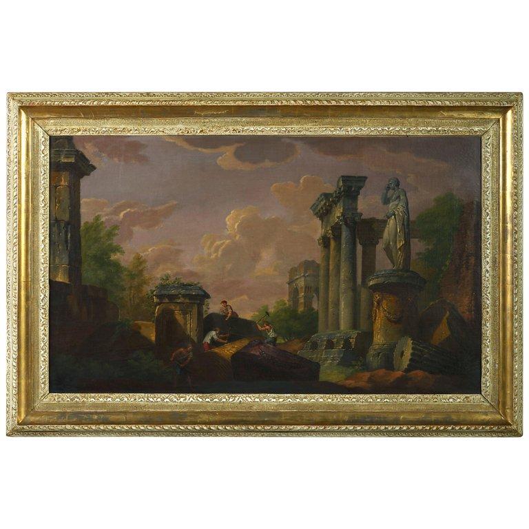 Giovanni Paolo Panini Landscape Painting - An 18th Century Oil on Canvas Architectural Capriccio - Studio of Panini