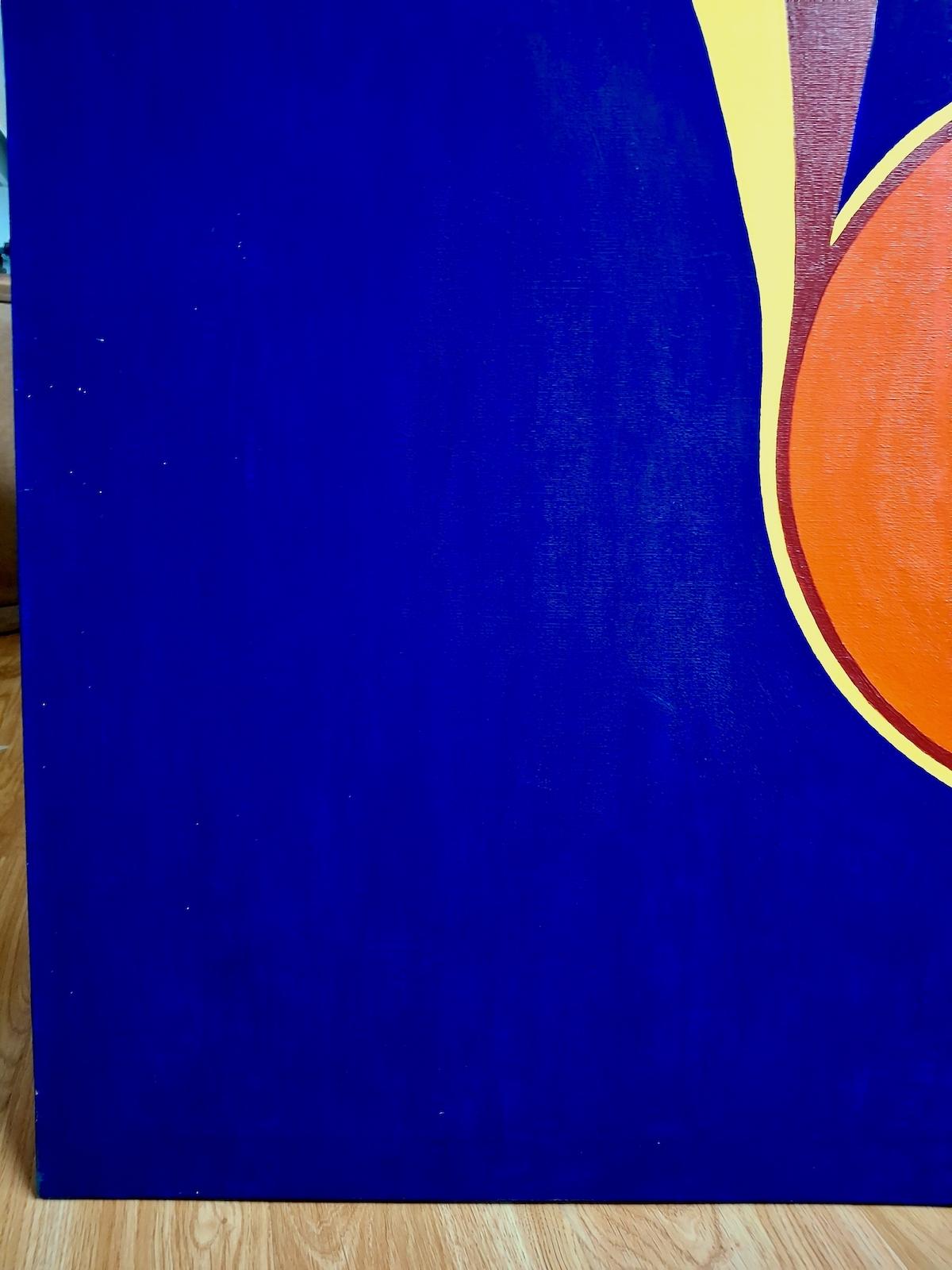 Modest in life—the artist signed quite discreetly with the initials GAC—but bold on the canvas. This abstract is easy to embrace, depending only on primary colors. (Remember those three?) The painter has deployed them as secondary players, while