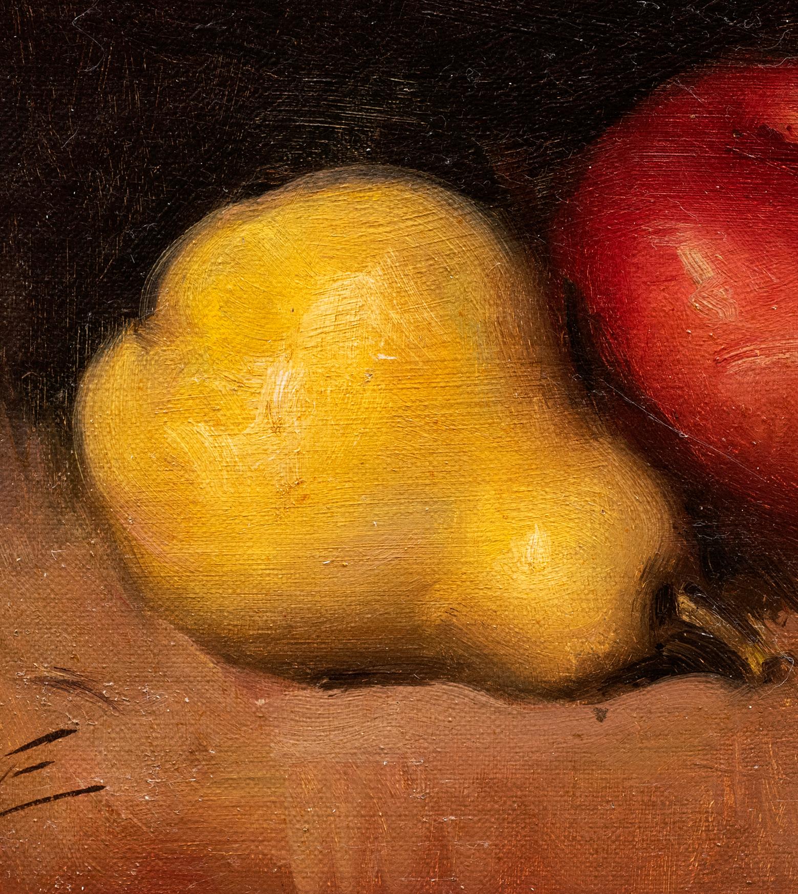 Ein amerikanisches Stillleben mit Apfel, Birne und Trauben 
Öl auf Leinwand auf Karton
Unleserlich unterschrieben
um das späte 19. Jahrhundert 
9 3/4 x 5 7/8 (16 x 12 3/4 Rahmen) Zoll

Dies ist ein Beispiel für die Stilllebenmalerei des späten 19.