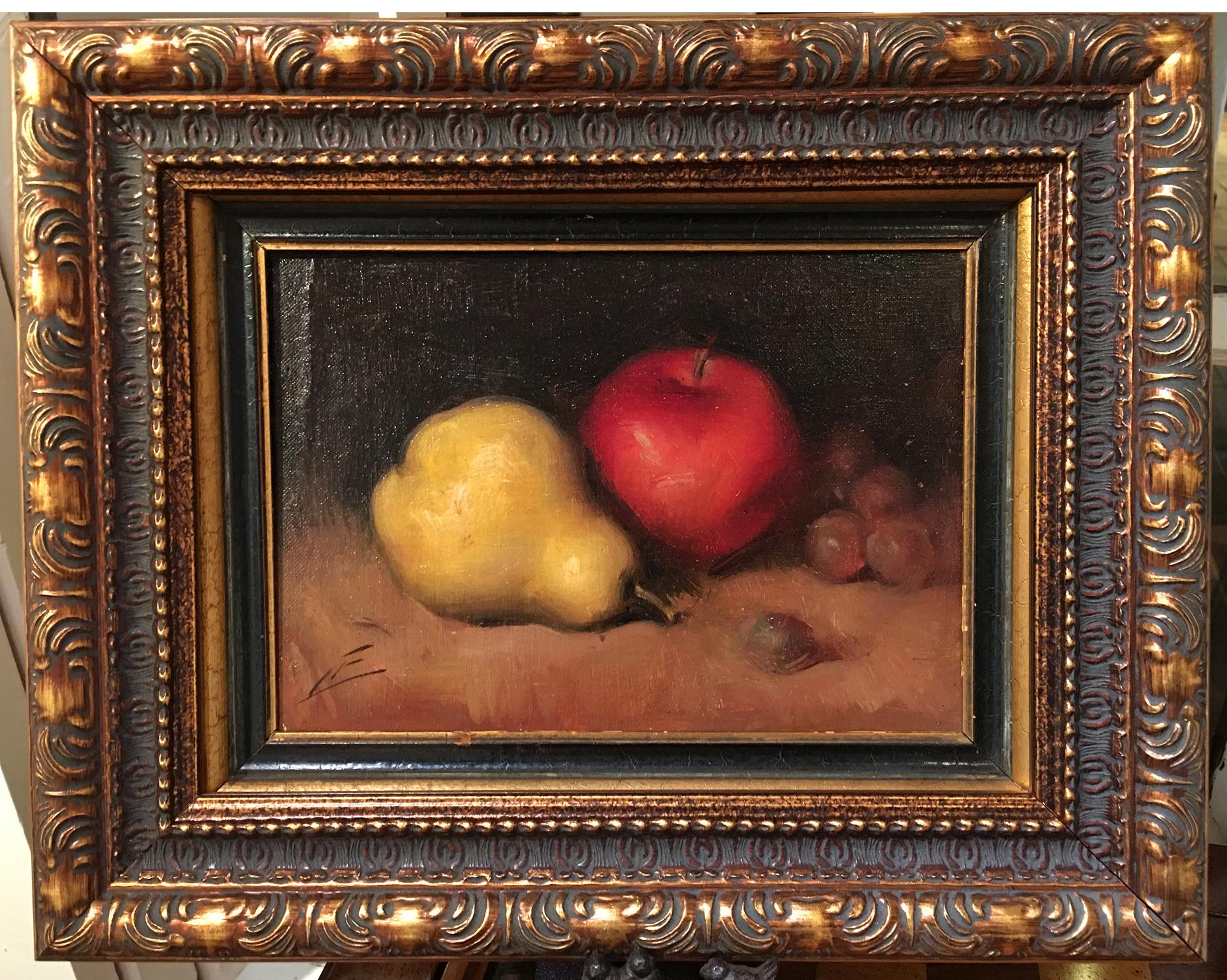 Nature morte américaine composée d'une pomme, d'une poire et de raisins vers 1880