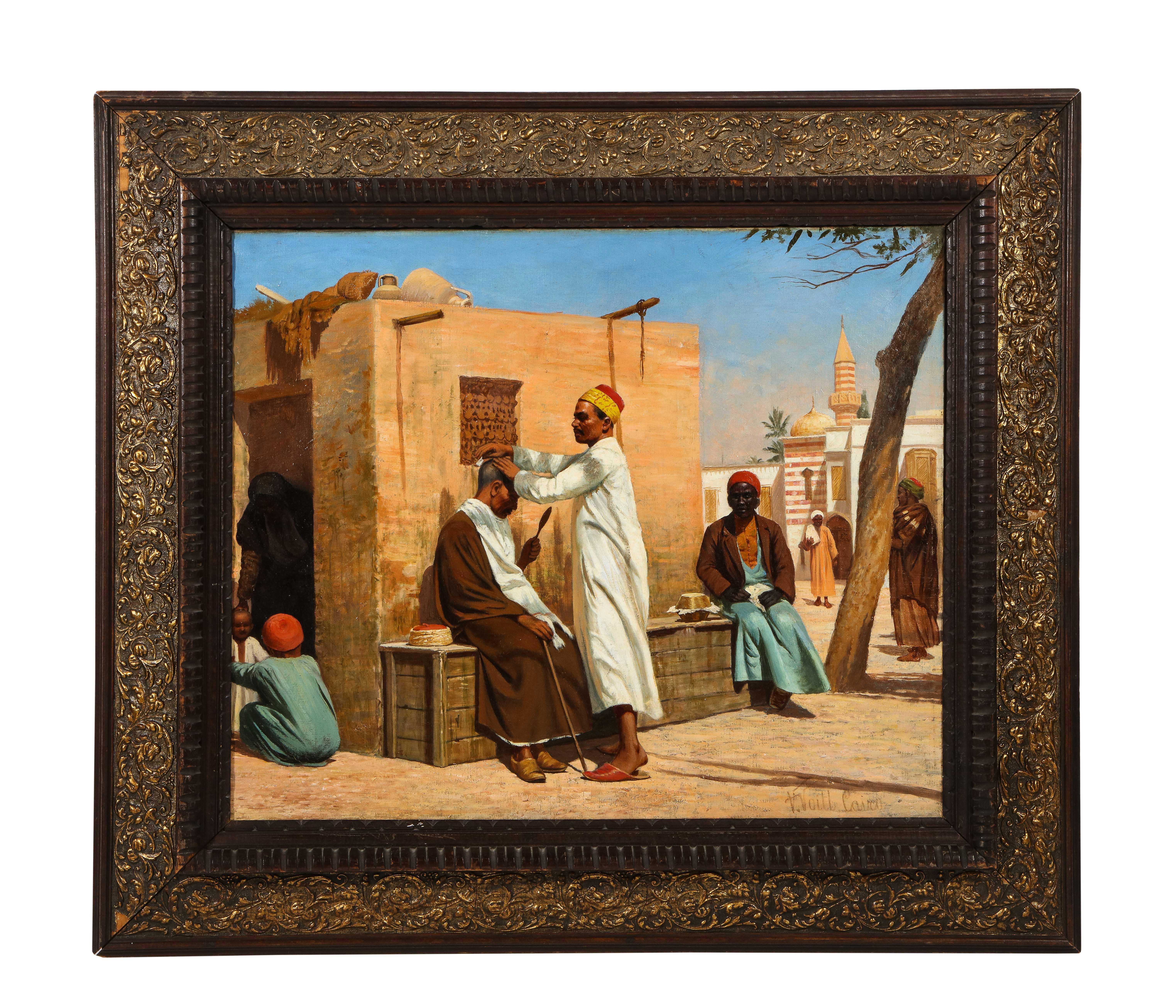 Unknown Portrait Painting - An Exceptional Orientalist Oil Painting "The Barber", Cairo (19th Century) 