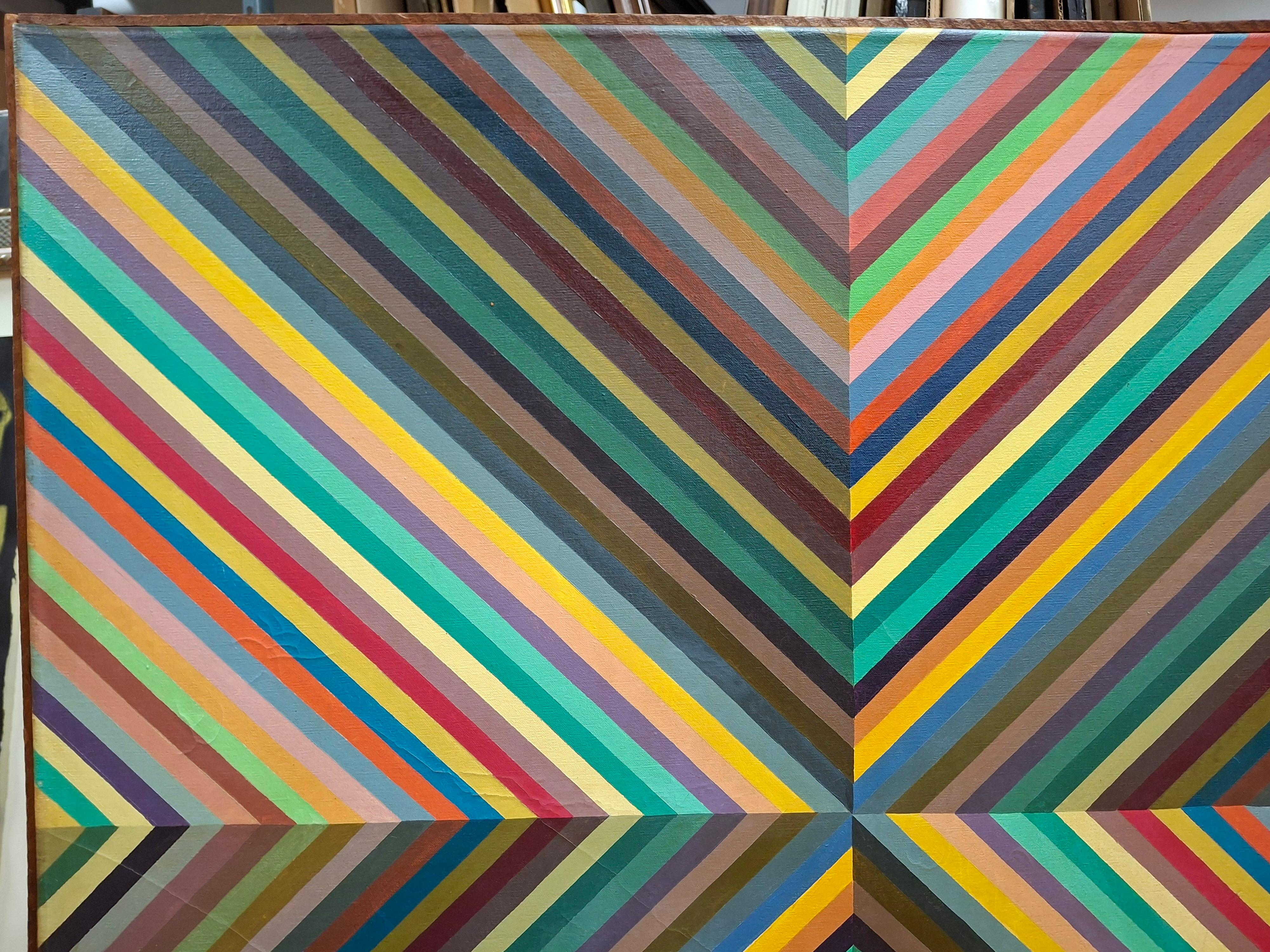 Es un abstracto de los años 40-50, pero con un brillante efecto de trampantojo. El intenso interés del artista por la precisión en la colocación de los colores consigue una tridimensionalidad como si esta obra estuviera compuesta por cuatro trozos