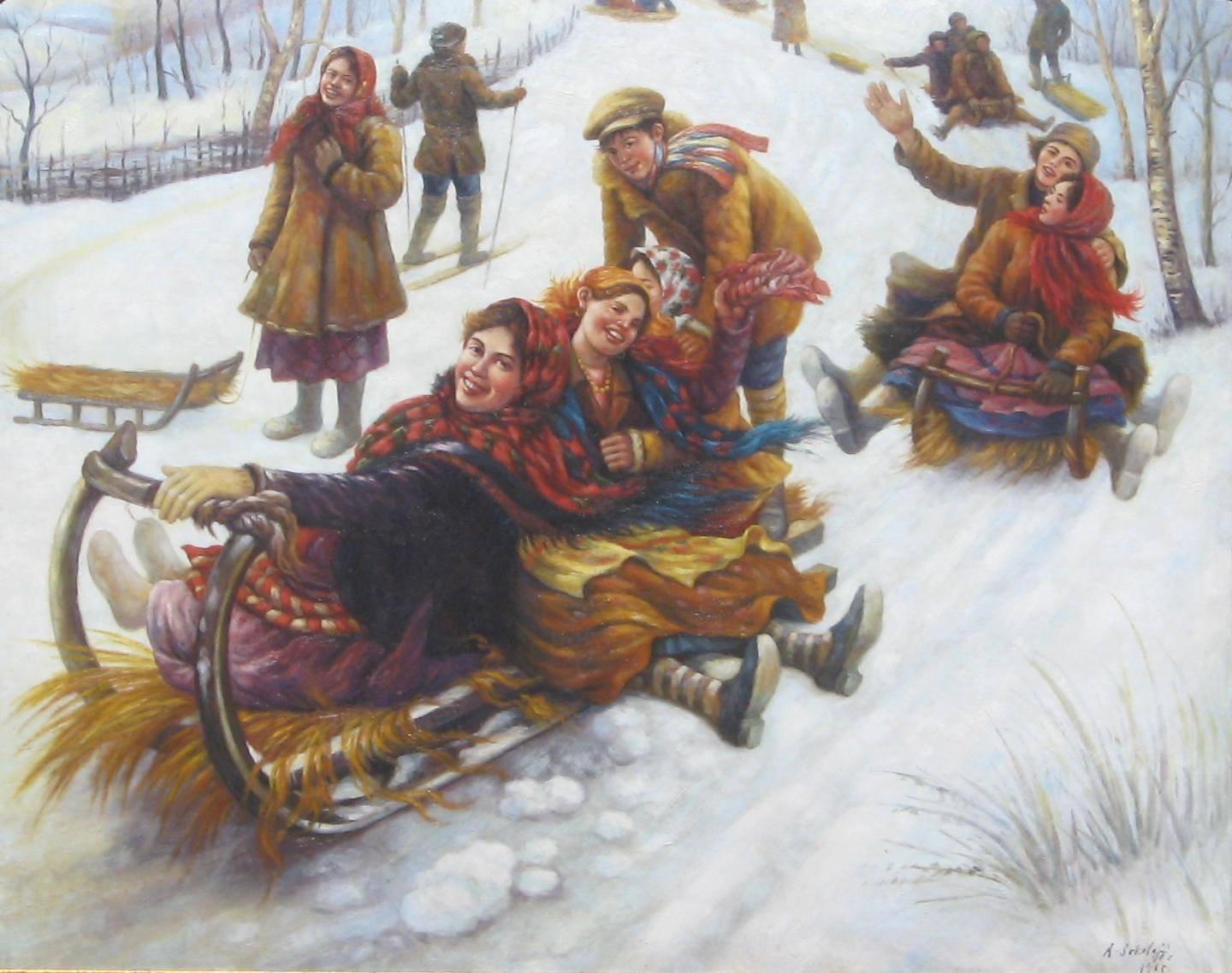 Anatoly Sokoloff Artista russo-americano Pittura di scena invernale, anni '60 circa - Painting di Unknown