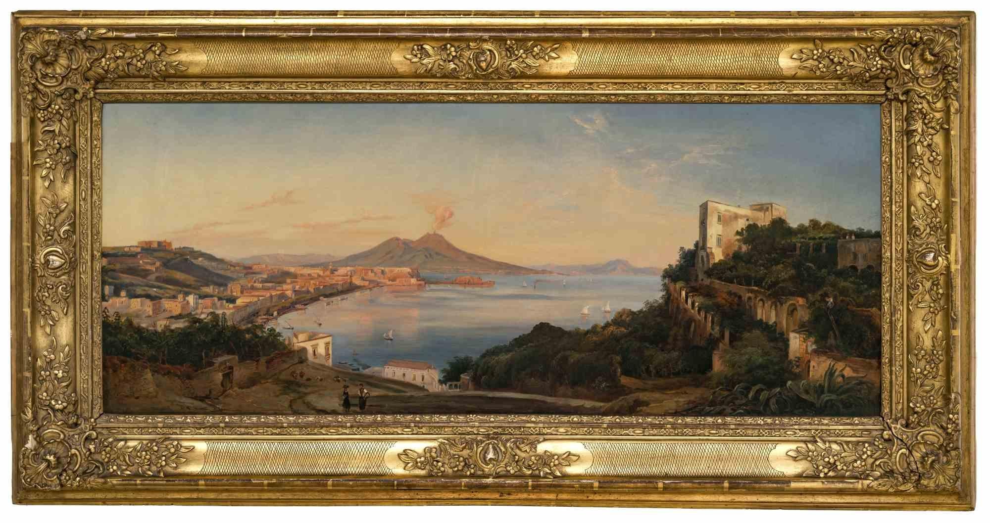 Antike Ansicht der Bucht von Neapel  Ölgemälde – 19. Jahrhundert (Braun), Figurative Painting, von Unknown