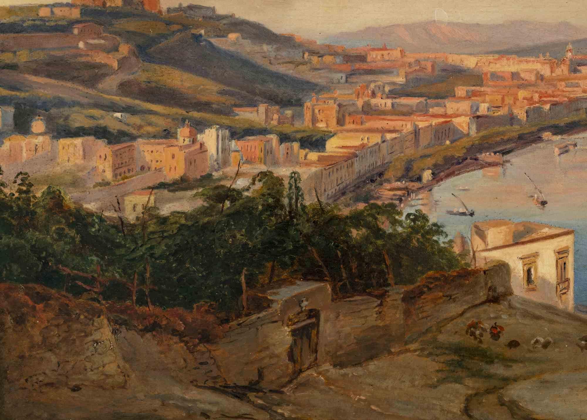 Blick über die Bucht von Neapel ist ein originales Kunstwerk eines alten Meisters, das von Master of  Nordeuropäische Schule der zweiten Hälfte des 19. Jahrhunderts.

Gemischtes farbiges Öl auf Leinwand.

Unterfüttert.

Inklusive eines schönen