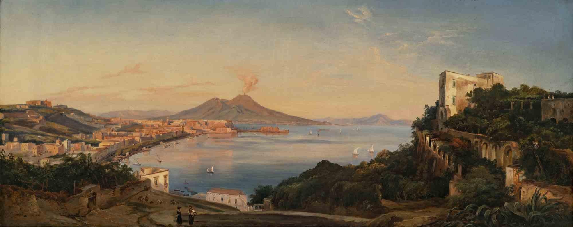 Unknown Figurative Painting - Ancient View of the Bay of Naples  - Oil Painting - 19th Century