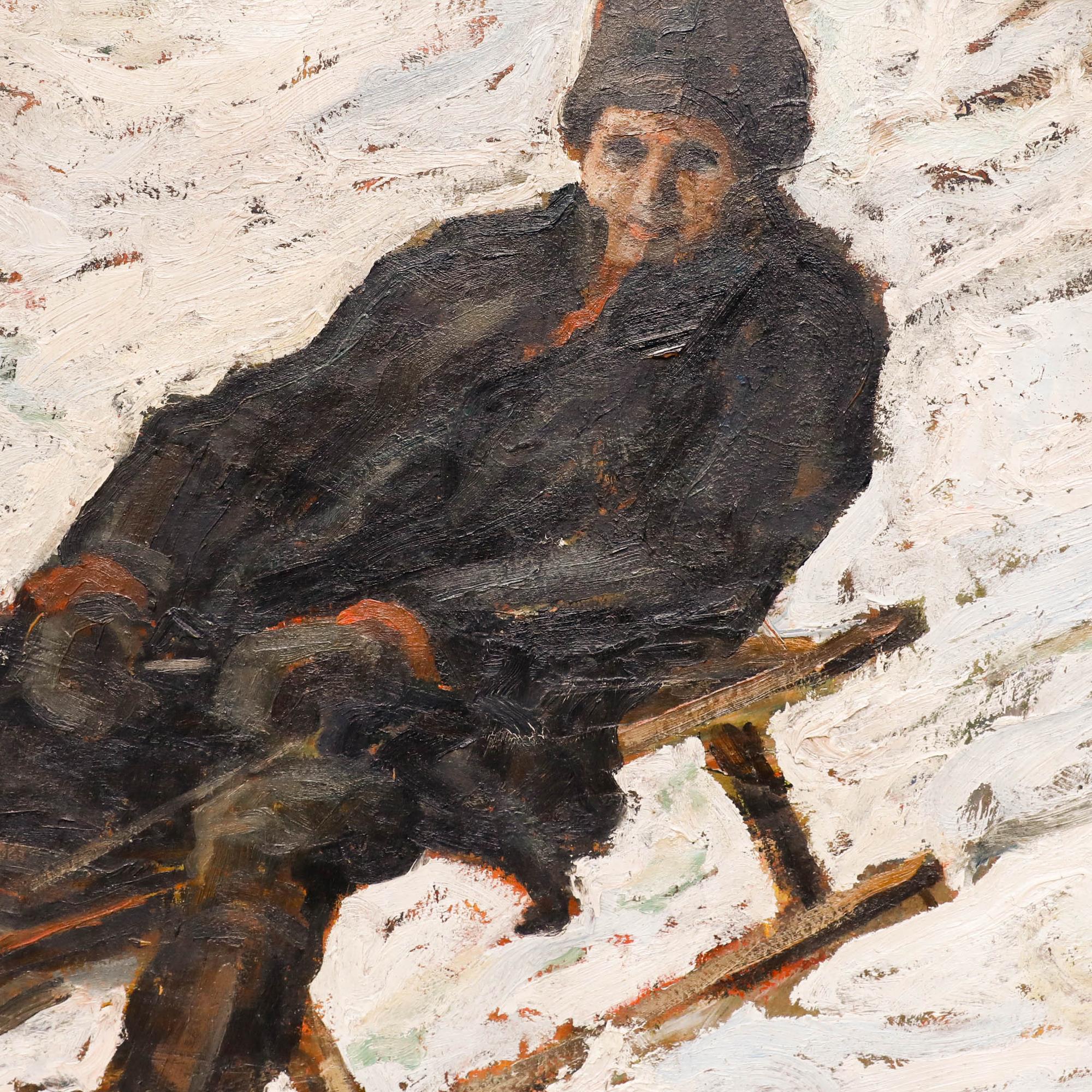 A delightful early 20th century oil by the artist Andor Timon (1898-1942) depicting a boy having fun in the snow on his sled. The artist has captured the subject's gleeful expression against the cool, icy tones of the snow, evoking feelings of