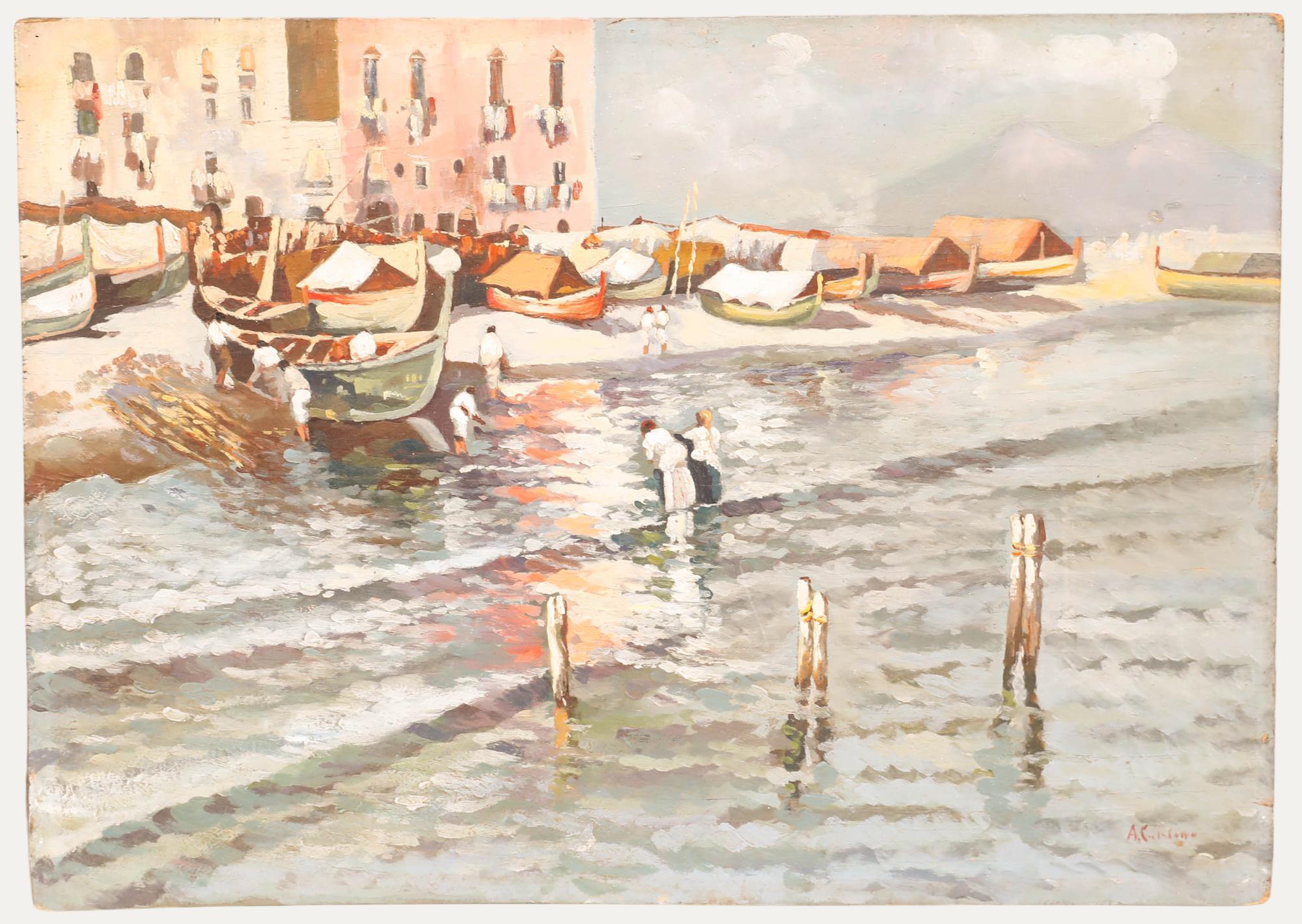 Figurative Painting di Unknown - Andre Casabonne (1922-1950) - Olio della metà del XX secolo, Porto del Mediterraneo
