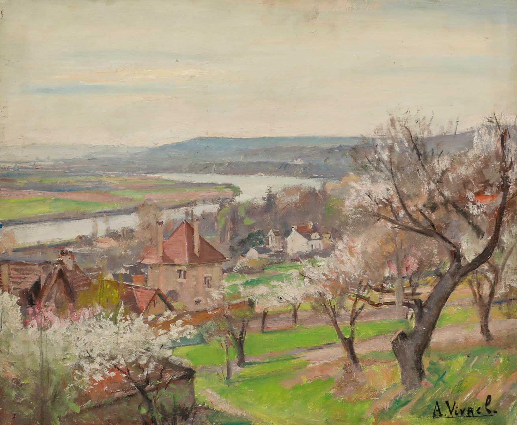 Andre-Leon Vivrel (1886-1976) - Olio del 1927, Primavera nella città fluviale - Painting di Unknown
