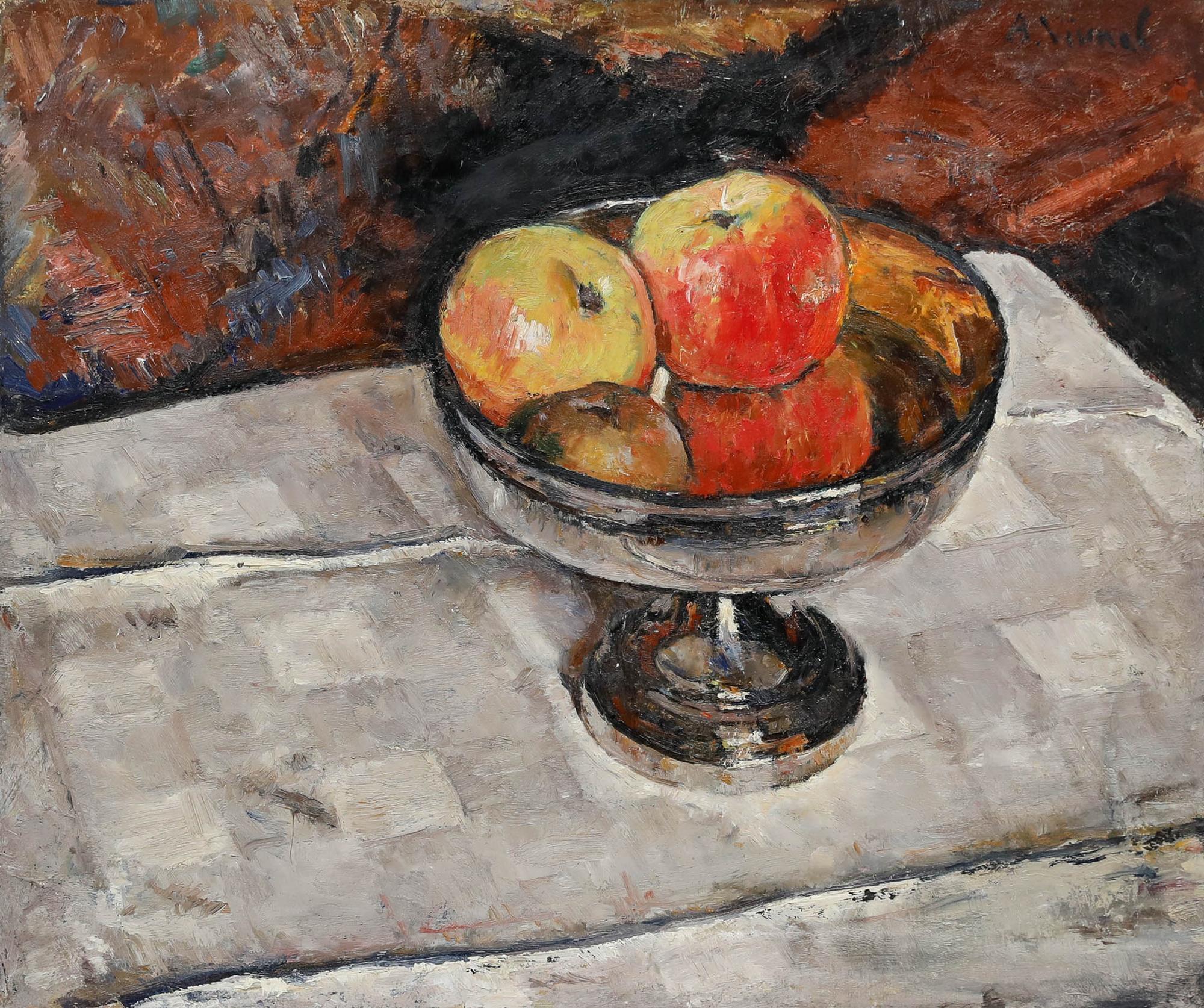 Andre-Leon Vivrel (1886-1976) - Huile du milieu du 20e siècle, Pommes dans un bol en argent - Painting de Unknown