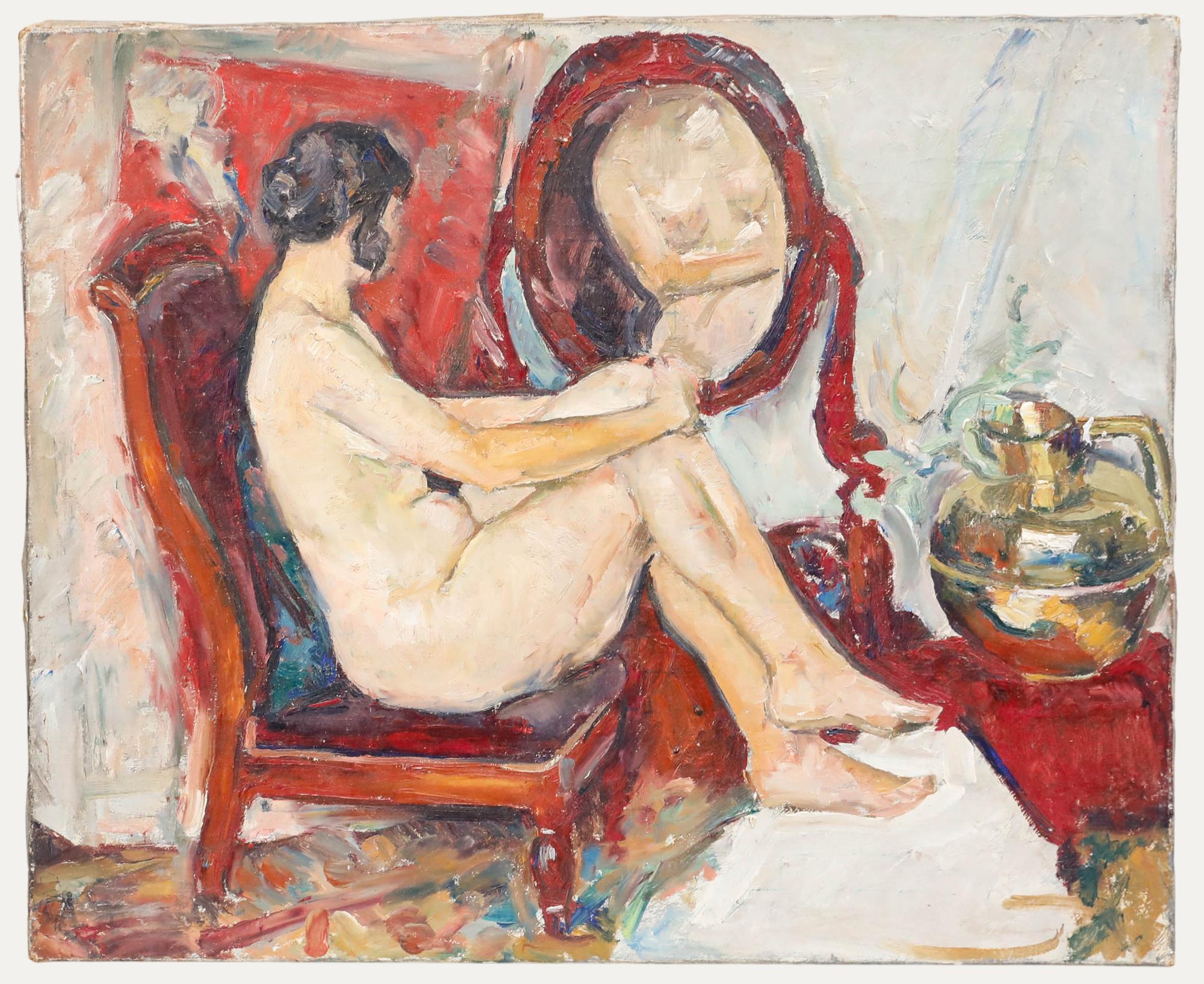 Unknown Nude Painting - Andre-Leon Vivrel (1886-1976) - Mid 20th Century Oil, Nude in the Mirror