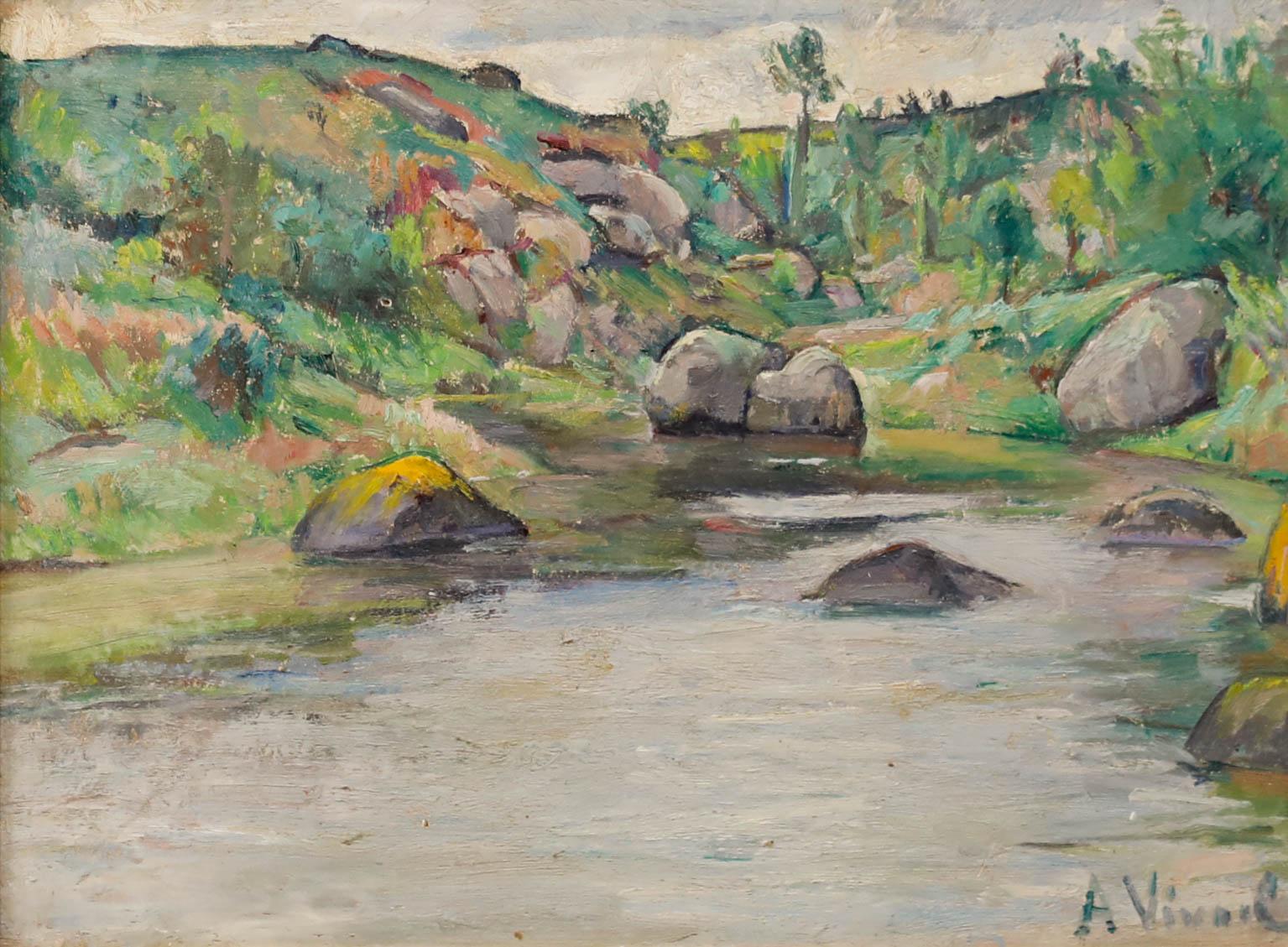 Andre-Leon Vivrel (1886-1976) – Ölgemälde, Flussbank, Mitte des 20. Jahrhunderts – Painting von Unknown