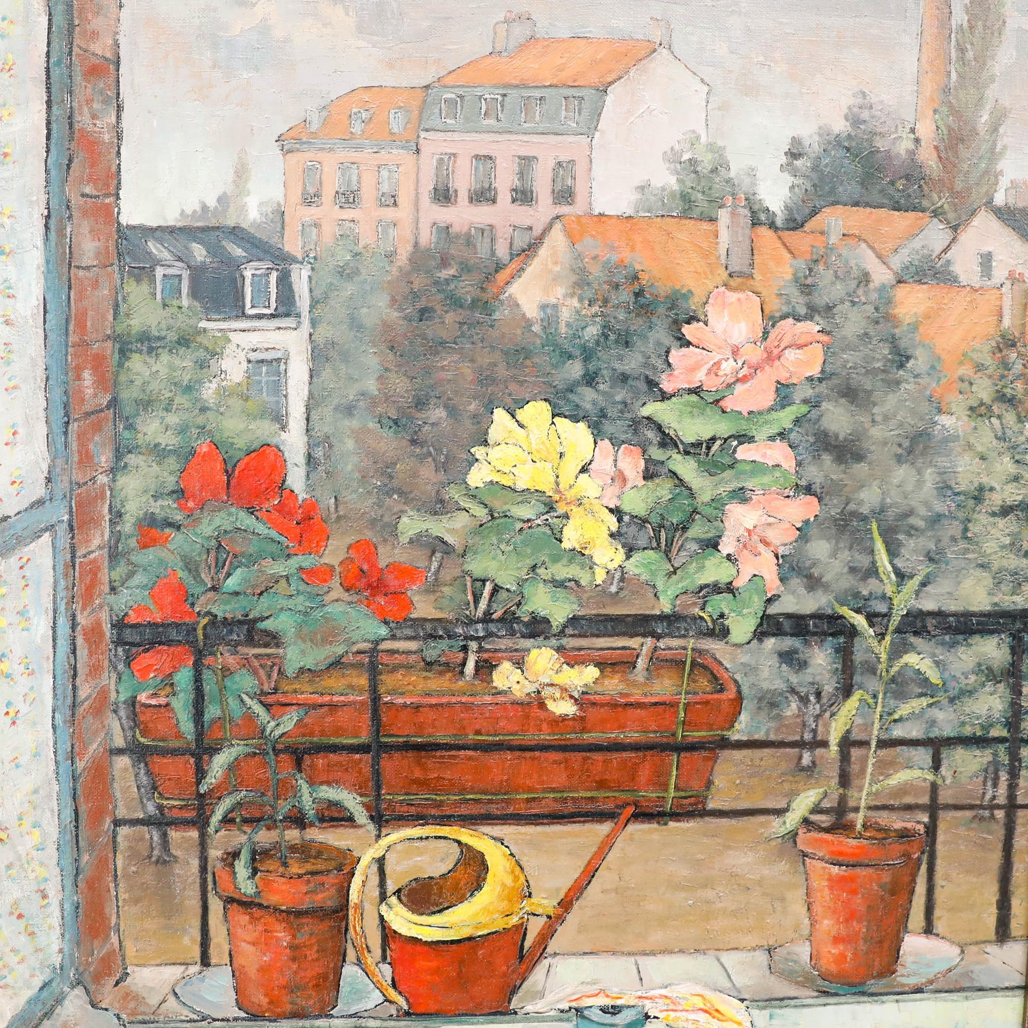 This charming oil painting by André Manet (1912-2006) depicts an intimate view from a balcony, with planters filled with vibrant flowers in shades of red, yellow, and pink. The composition captures a peaceful domestic scene, with the colourful