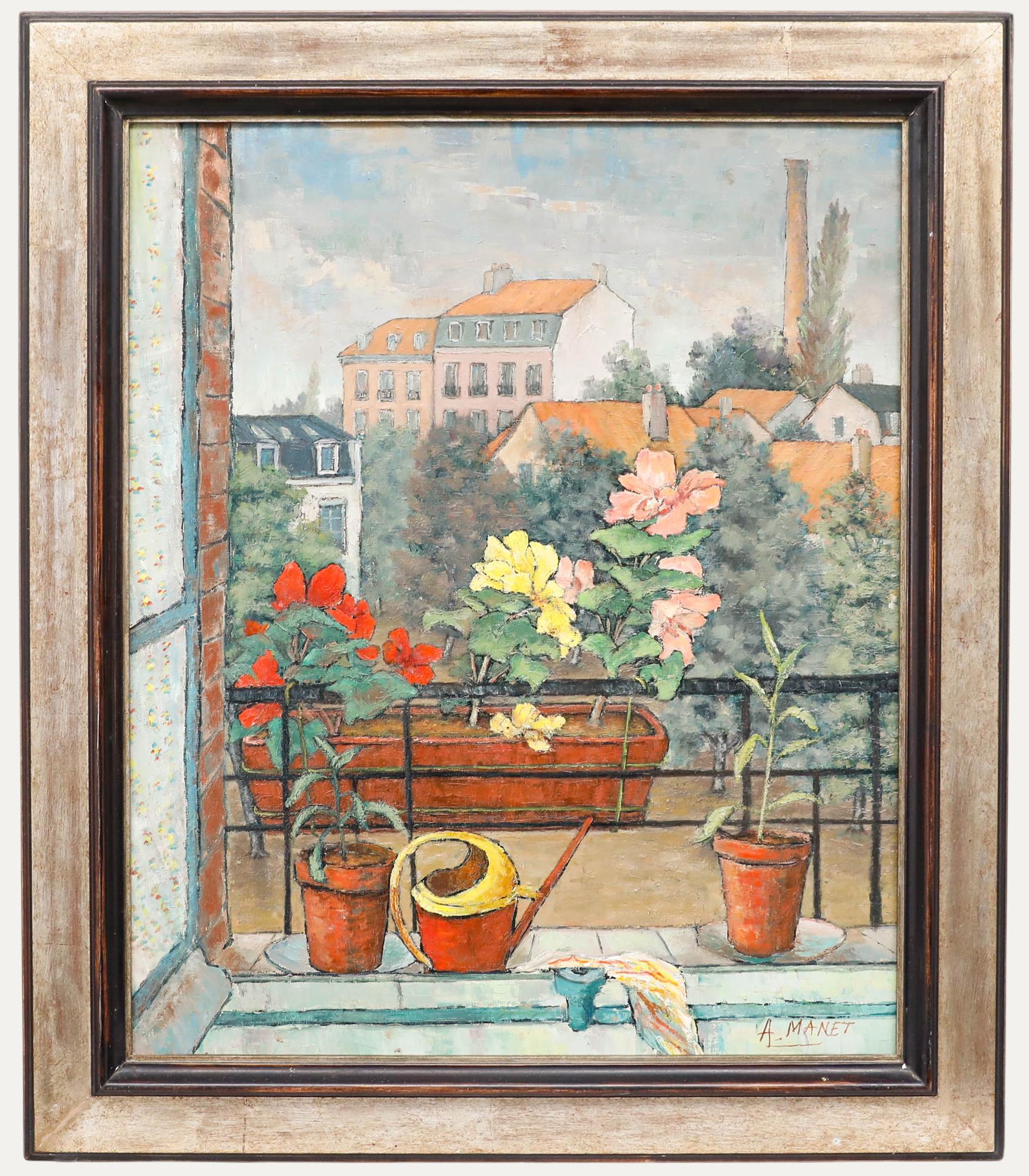Unknown Landscape Painting - André Manet (1912-2006) - Framed Mid 20th Century Oil, View from the Balcony