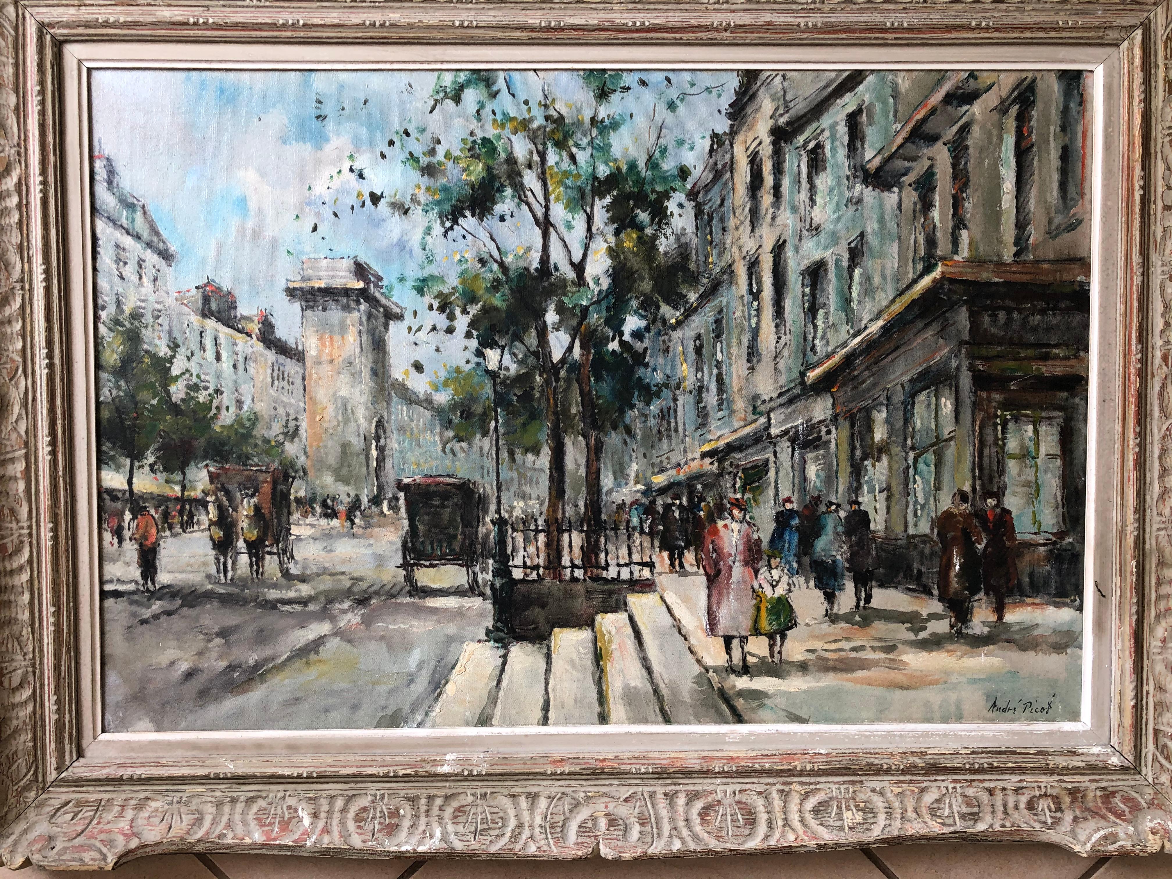 Unknown Figurative Painting - Andre Picot Paris Street Scene "Porte St Denn"