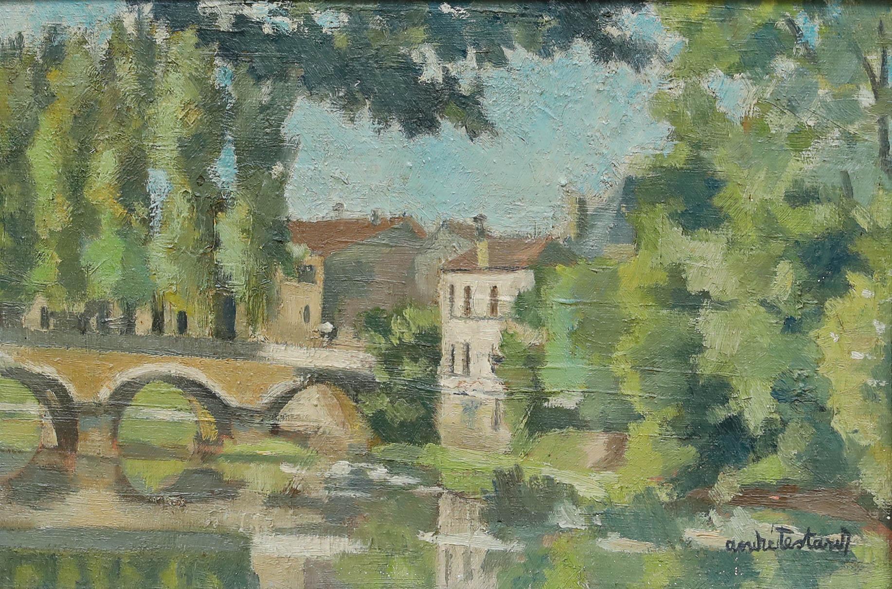 André Testard - Huile encadrée du 20e siècle, Pont de ville en été - Painting de Unknown