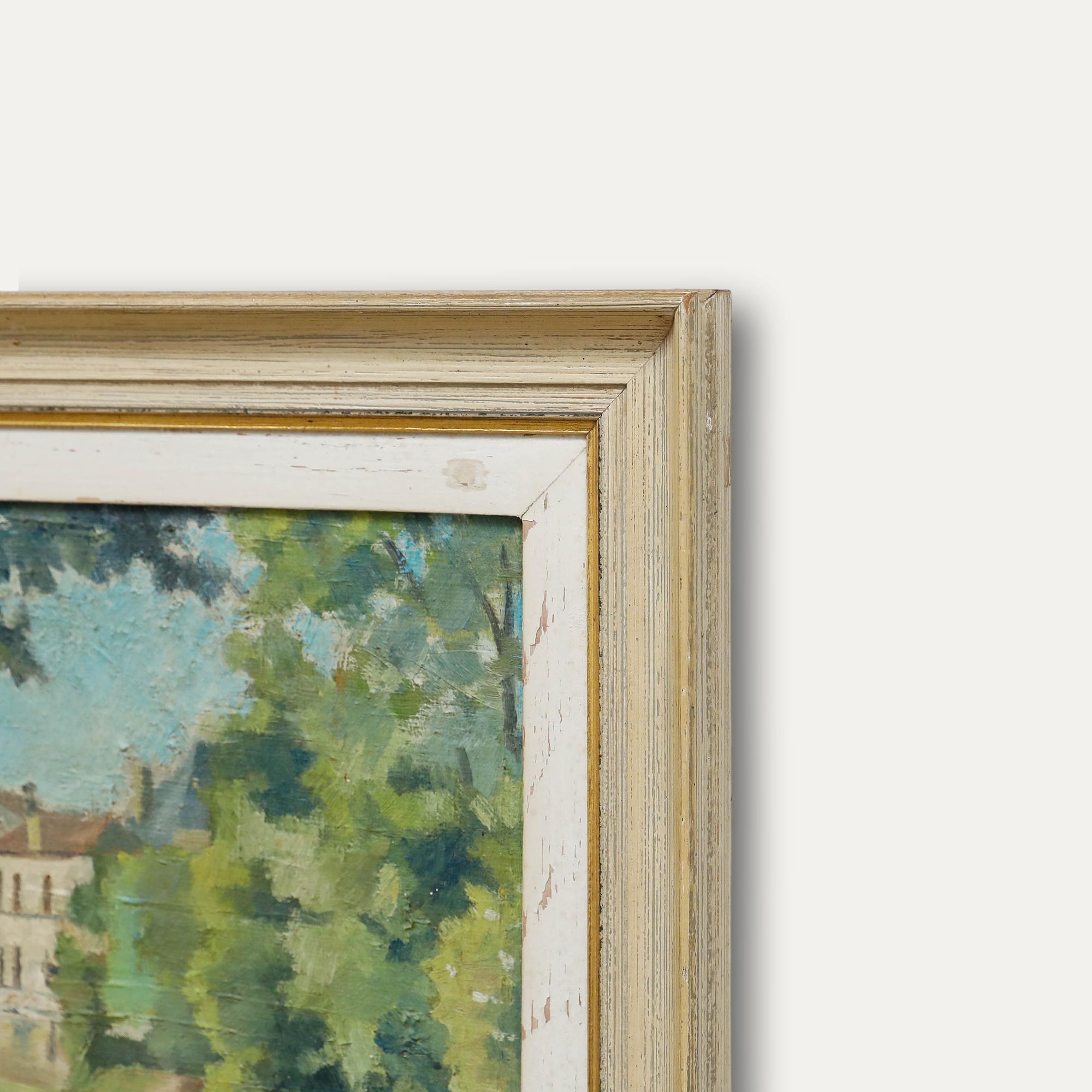 André Testard - Huile encadrée du 20e siècle, Pont de ville en été en vente 1
