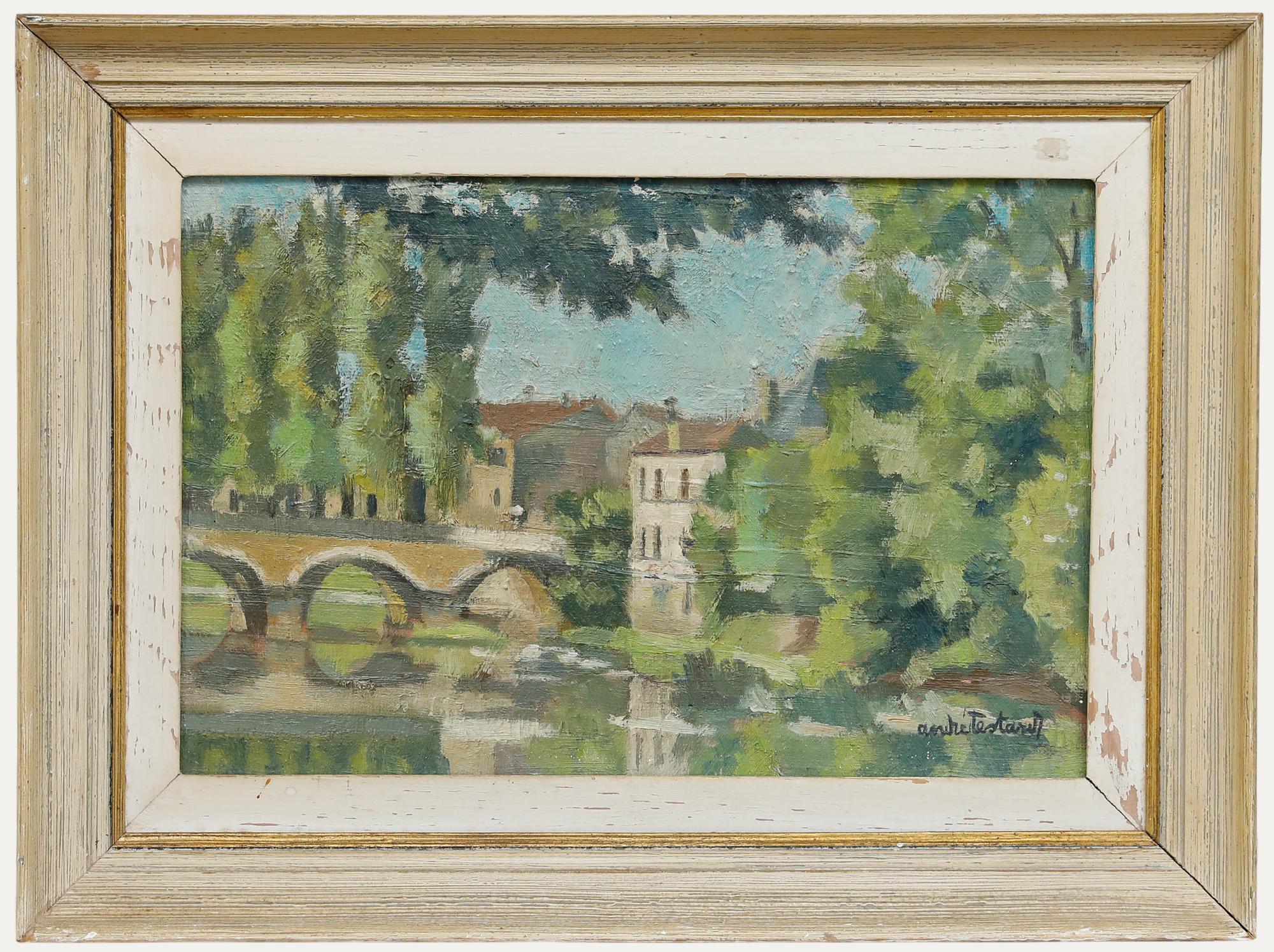 Landscape Painting Unknown - André Testard - Huile encadrée du 20e siècle, Pont de ville en été