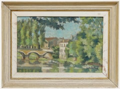 André Testard - Huile encadrée du 20e siècle, Pont de ville en été