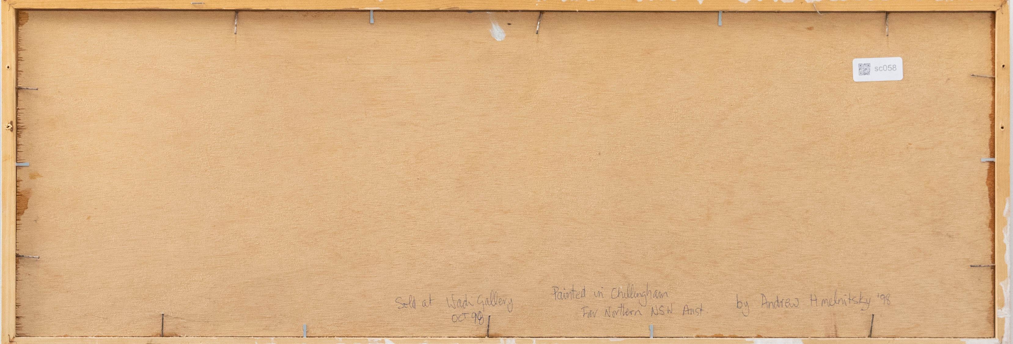 Une étude expressionniste naïve représentant le paysage de forêt dense de Chillingham en Nouvelle-Galles du Sud. Présentée dans un simple cadre en bois avec une inscription postérieure au verso. Non signée. A bord.