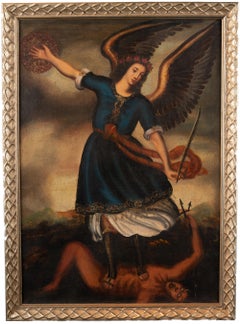 'Angel Conquering Demon, ' Oil on Canvas Religious Painting