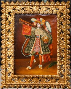"Angel with Bugle" Antique Cuzco School Painting