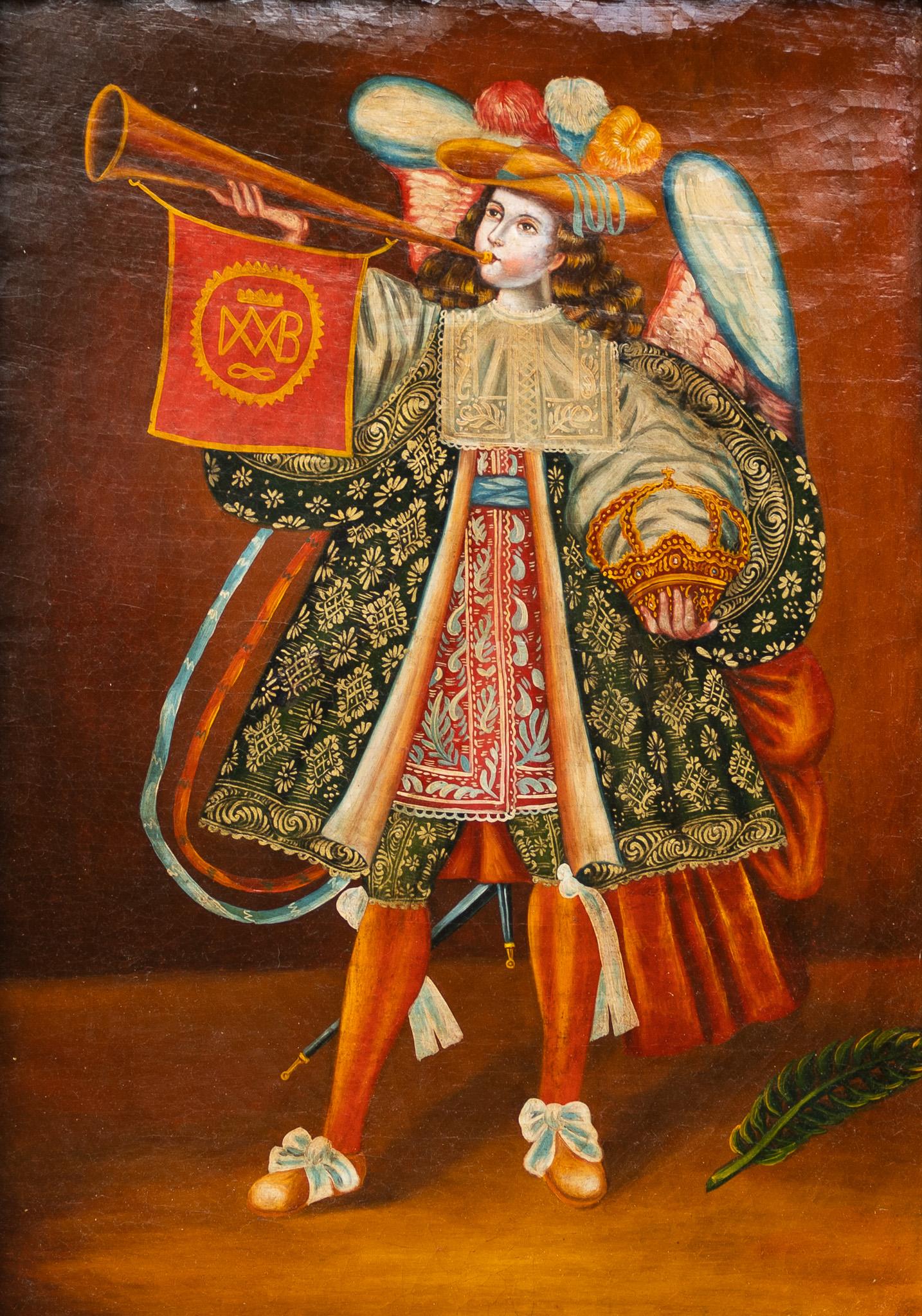 Figurative Painting Unknown - "Ange au clairon" Peinture ancienne de l'école de Cuzco