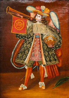 "Angelo con tromba" Antico dipinto della scuola di Cuzco