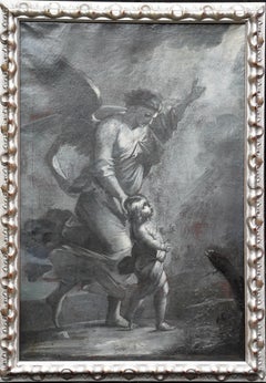 Angel with Child - Italian School 18thC religious art Grisaille oil painting