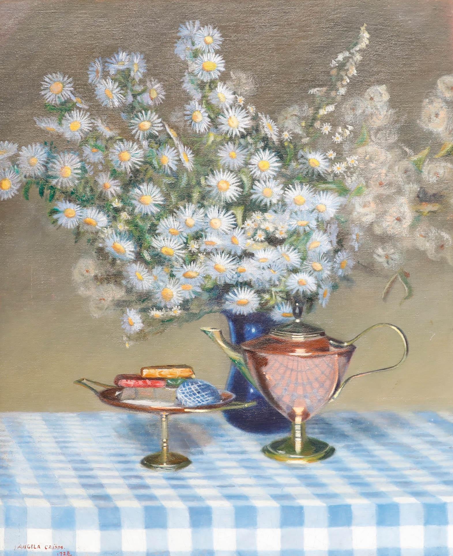 Angela Cripps - Framed 20th Century Oil, Still Life of Blue Asters - Painting by Unknown