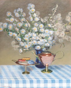 Angela Cripps - Gerahmtes Öl des 20. Jahrhunderts, Stilleben mit blauen Astern