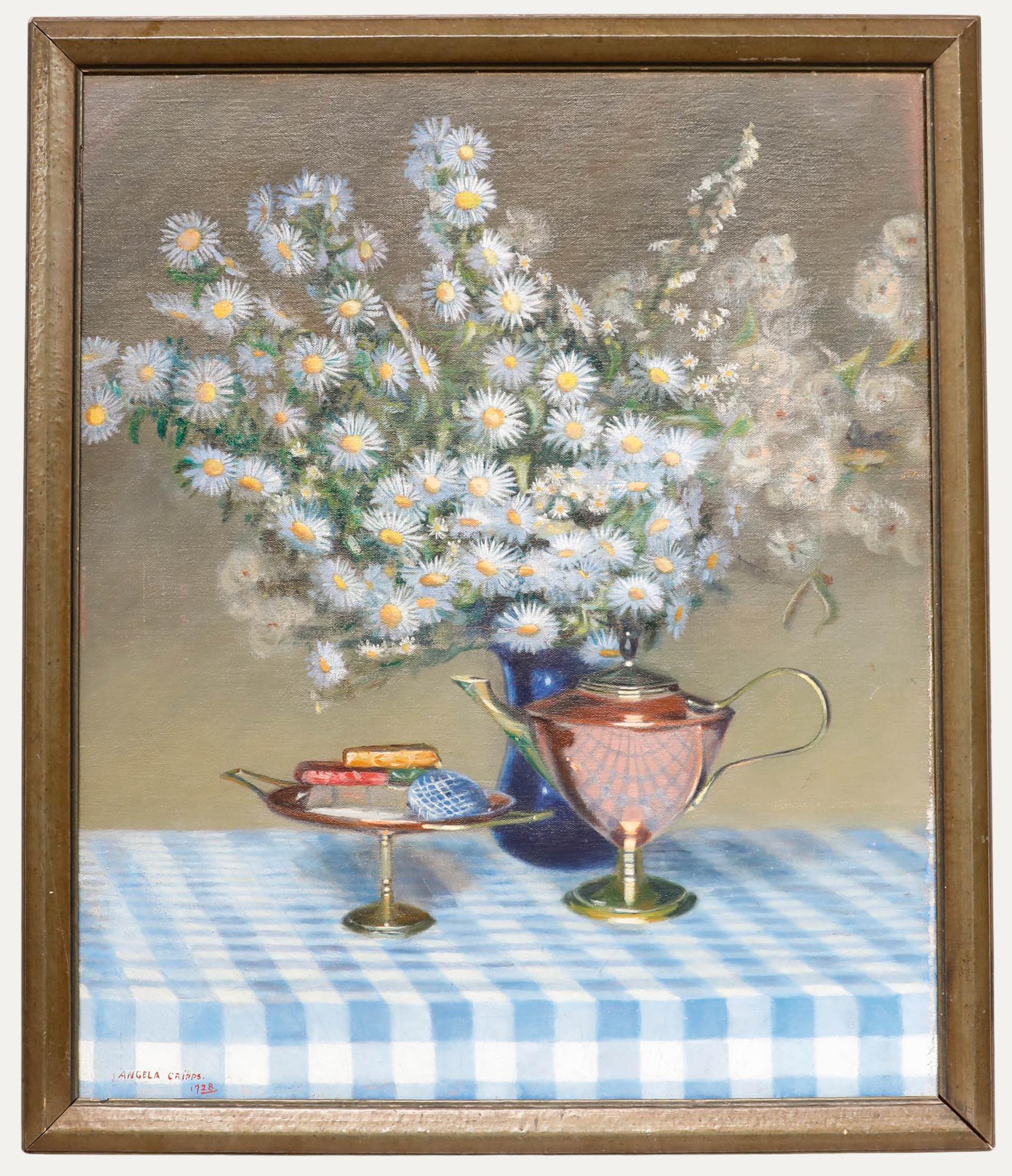Unknown Still-Life Painting - Angela Cripps - Framed 20th Century Oil, Still Life of Blue Asters