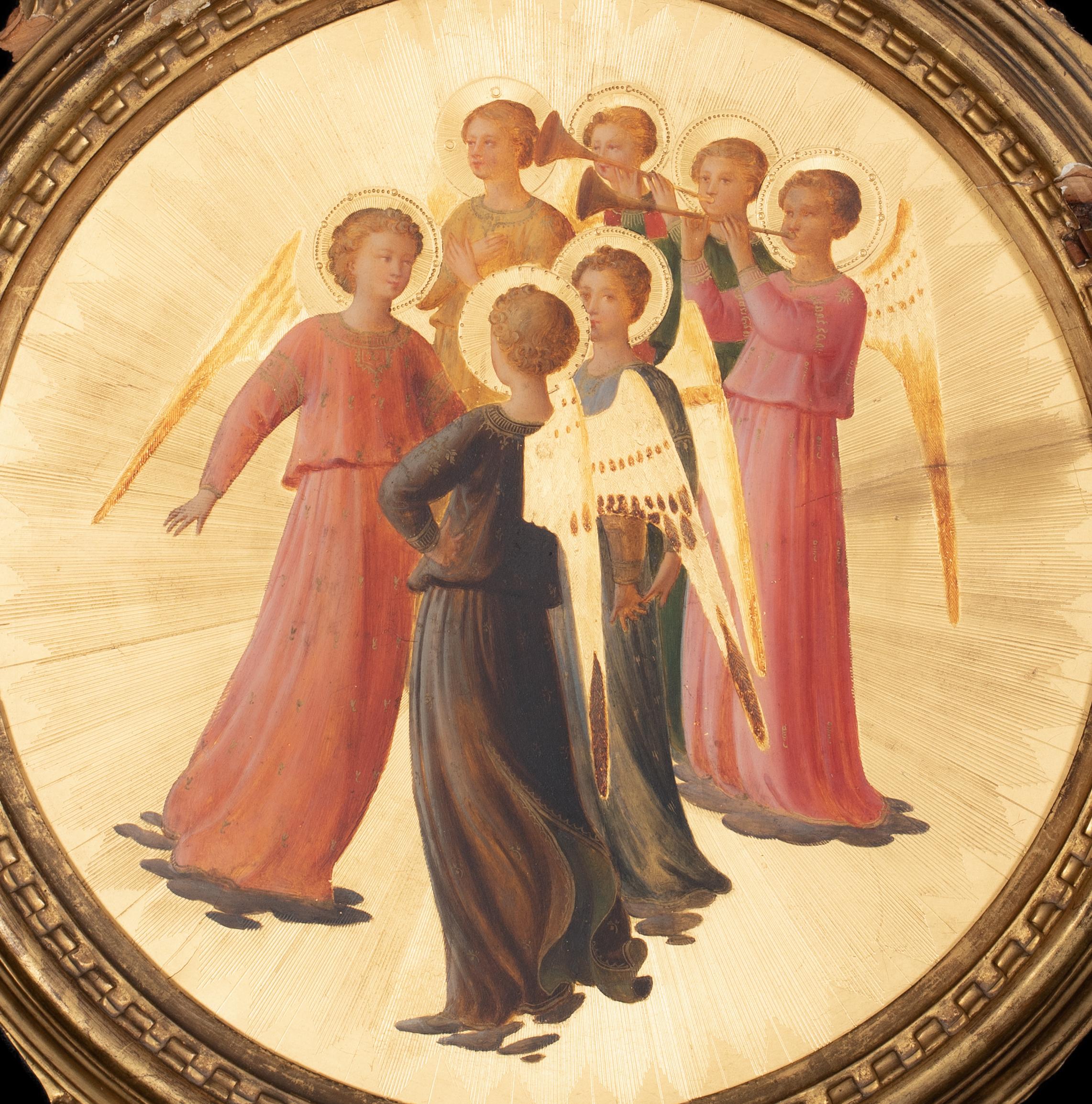 Angels Playing Trumpets, oil on panel

FRA ANGELICO (1395-1455) 15th Century Italian Renaissance Style

Antique 15th century early Italian Renaissance style oil on oval gold based panel of a host of angels playing trumpets, oil on panel. Excellent