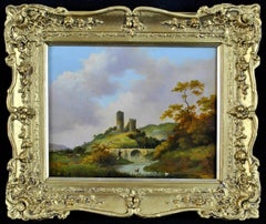 Angler by a Ruined Castle - Fine English Oil on Panel Antique Landscape Painting